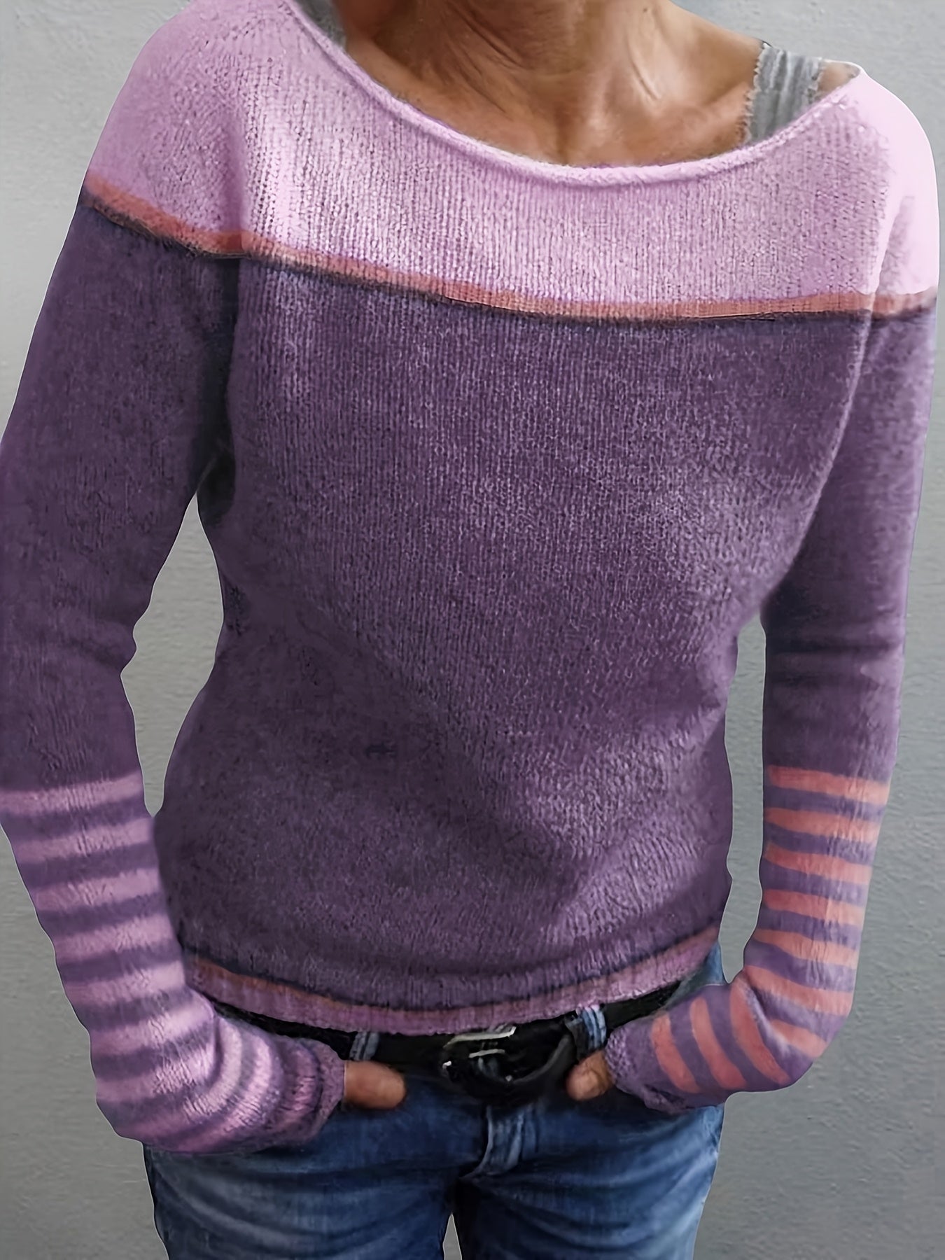 Women Striped Long-Sleeve Relaxed-Fit Sweater