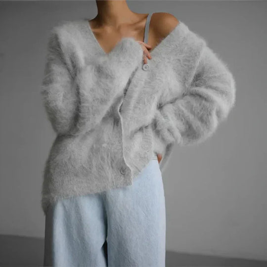 Women's Oversized V-Neck Button Cardigan with Long Sleeves