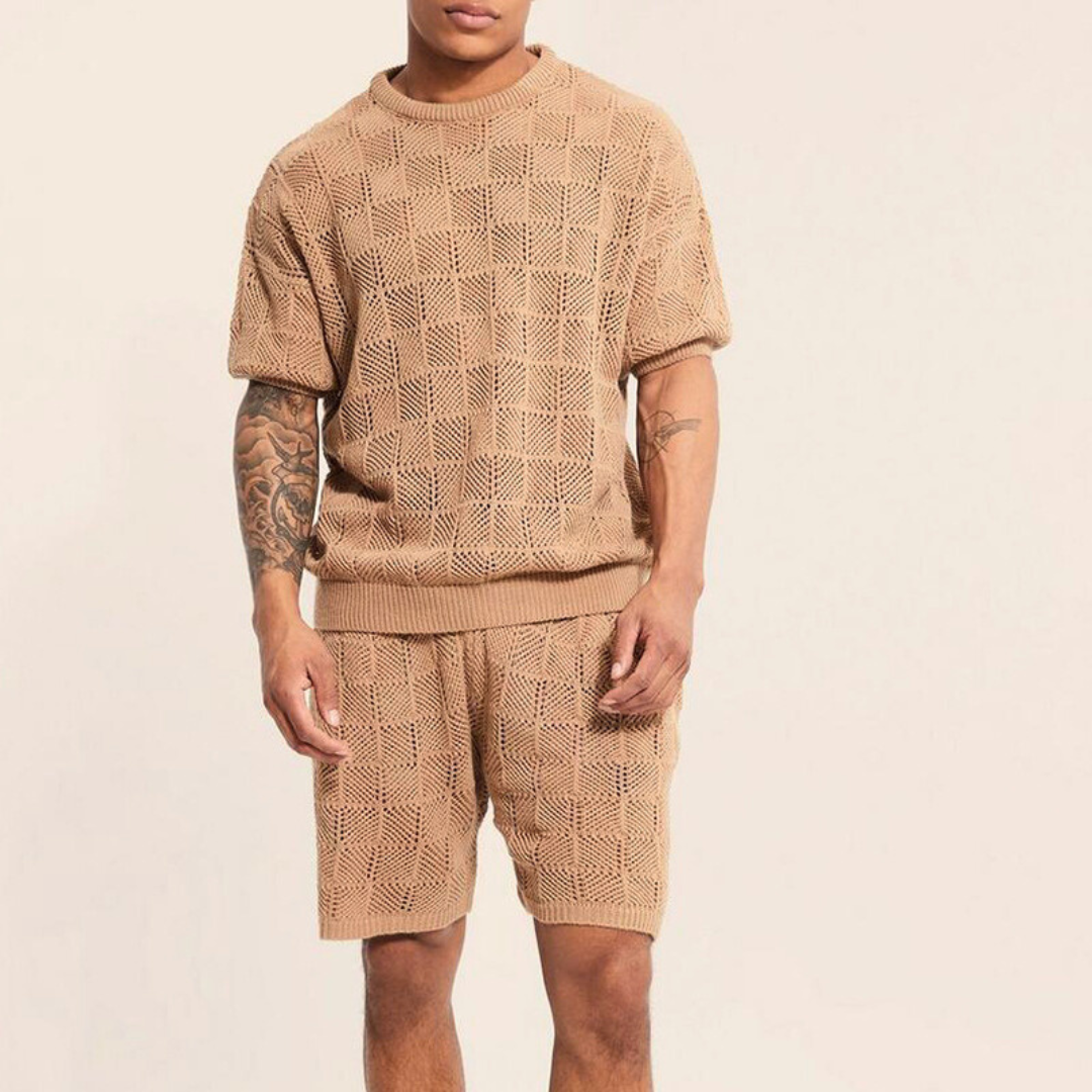 Men's Summer Short Sleeve Shirt and Shorts Set in Checkered Knit