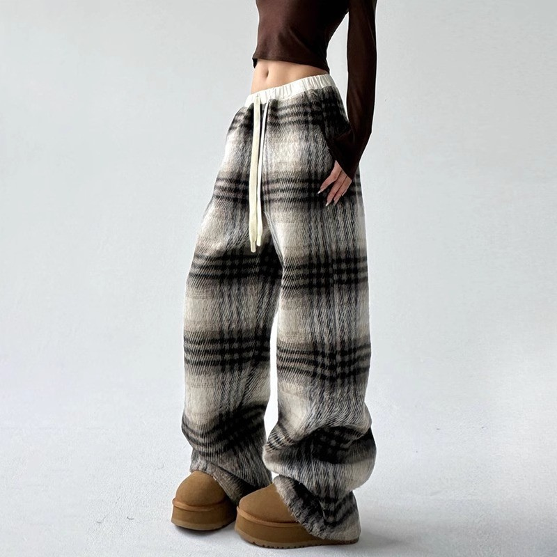 Women's Plaid Flannel Sweatpants with Adjustable Drawstring and Oversized Fit