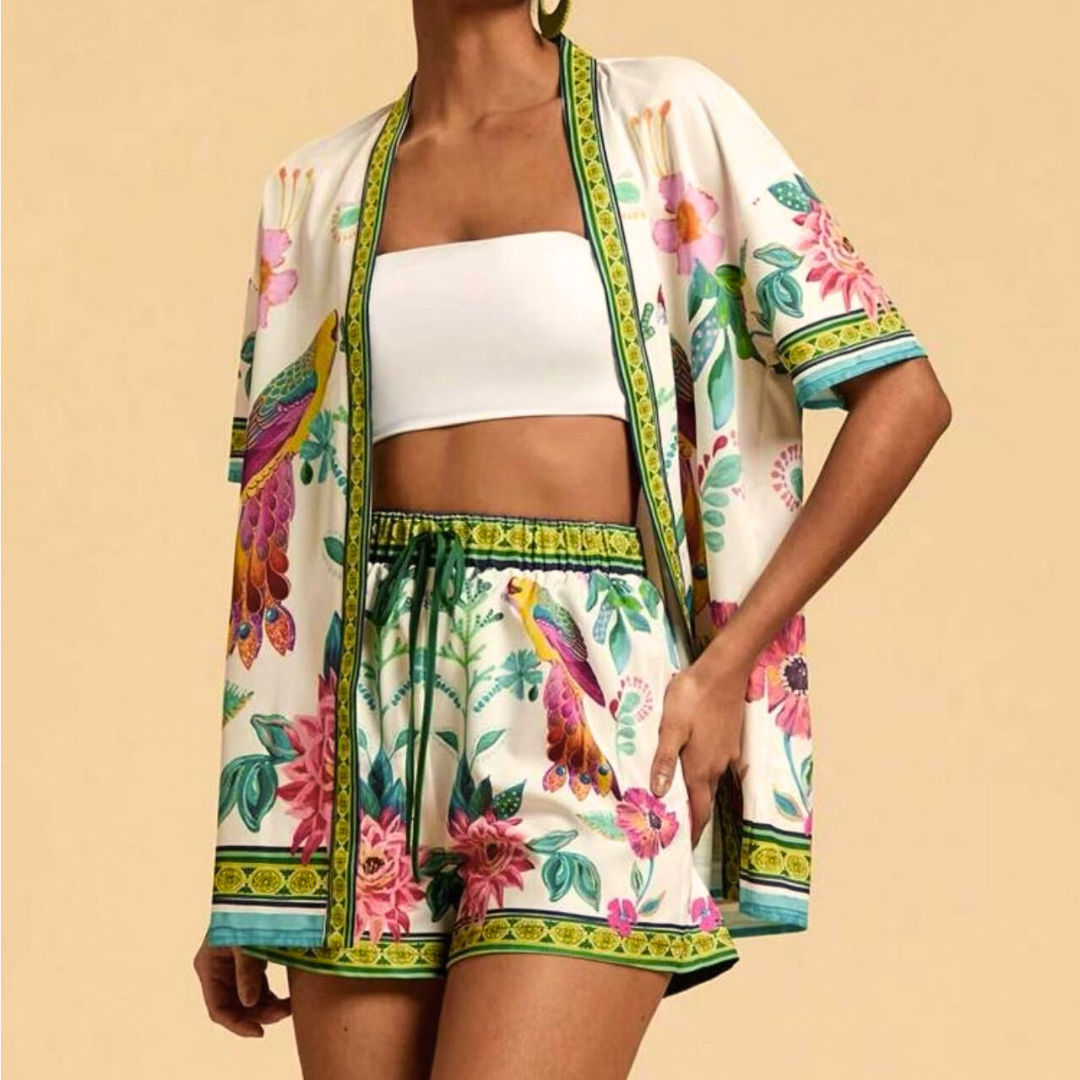 Women's Summer Two-Piece Set with Open-Front Shirt and Drawstring Shorts
