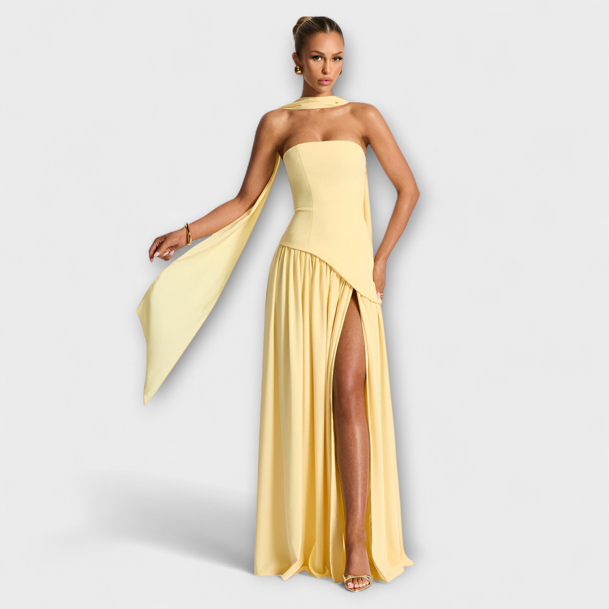 Women's Summer Strapless Maxi Dress with Black Top White Skirt Asymmetrical Waist & Front Slit