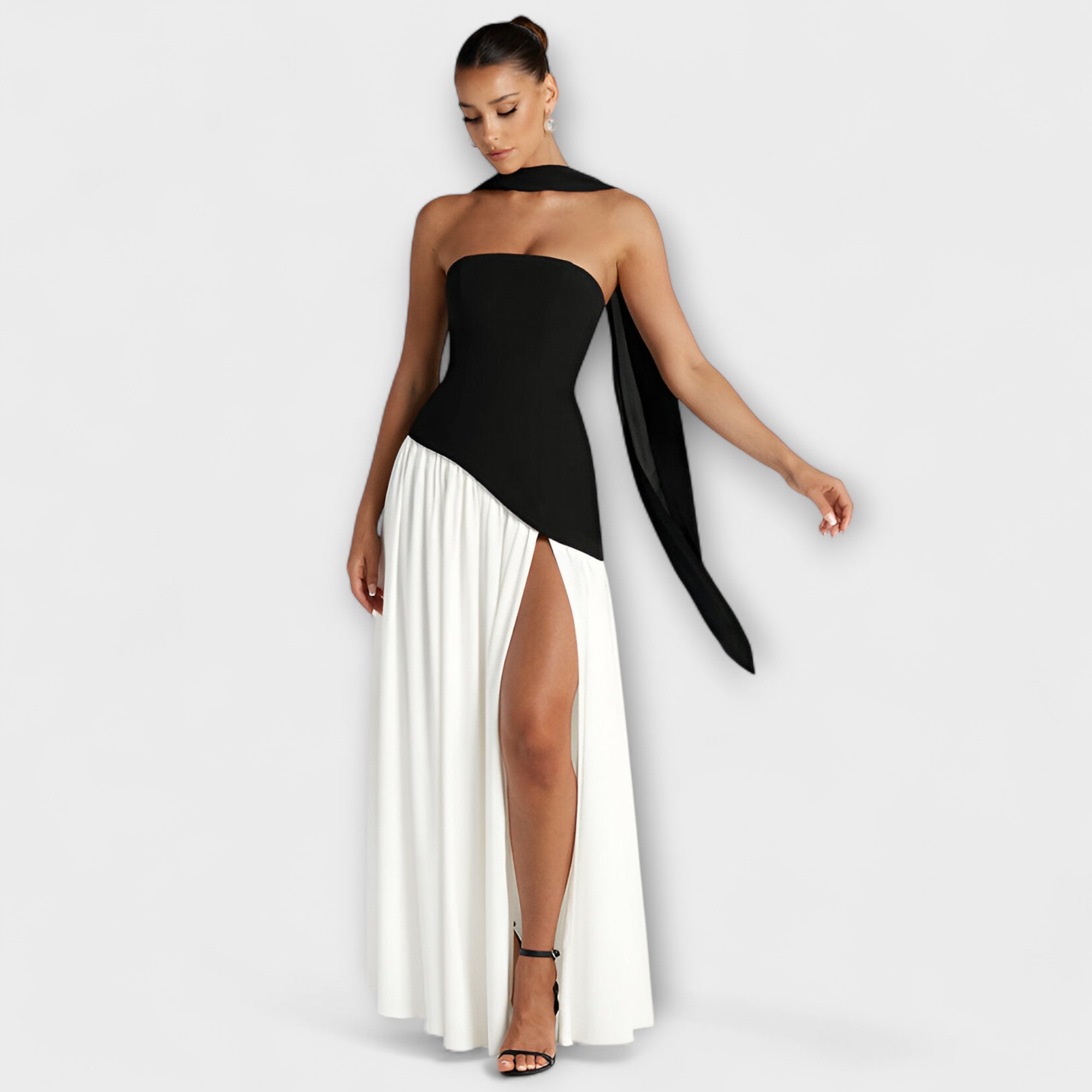 Women's Summer Strapless Maxi Dress with Black Top White Skirt Asymmetrical Waist & Front Slit