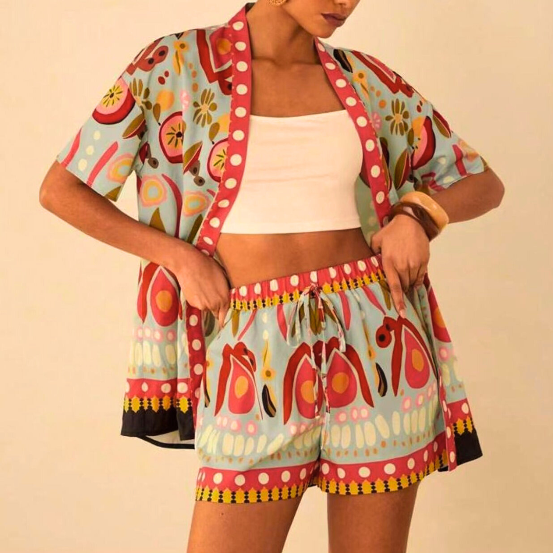 Women's Summer Two-Piece Set with Open-Front Shirt and Drawstring Shorts