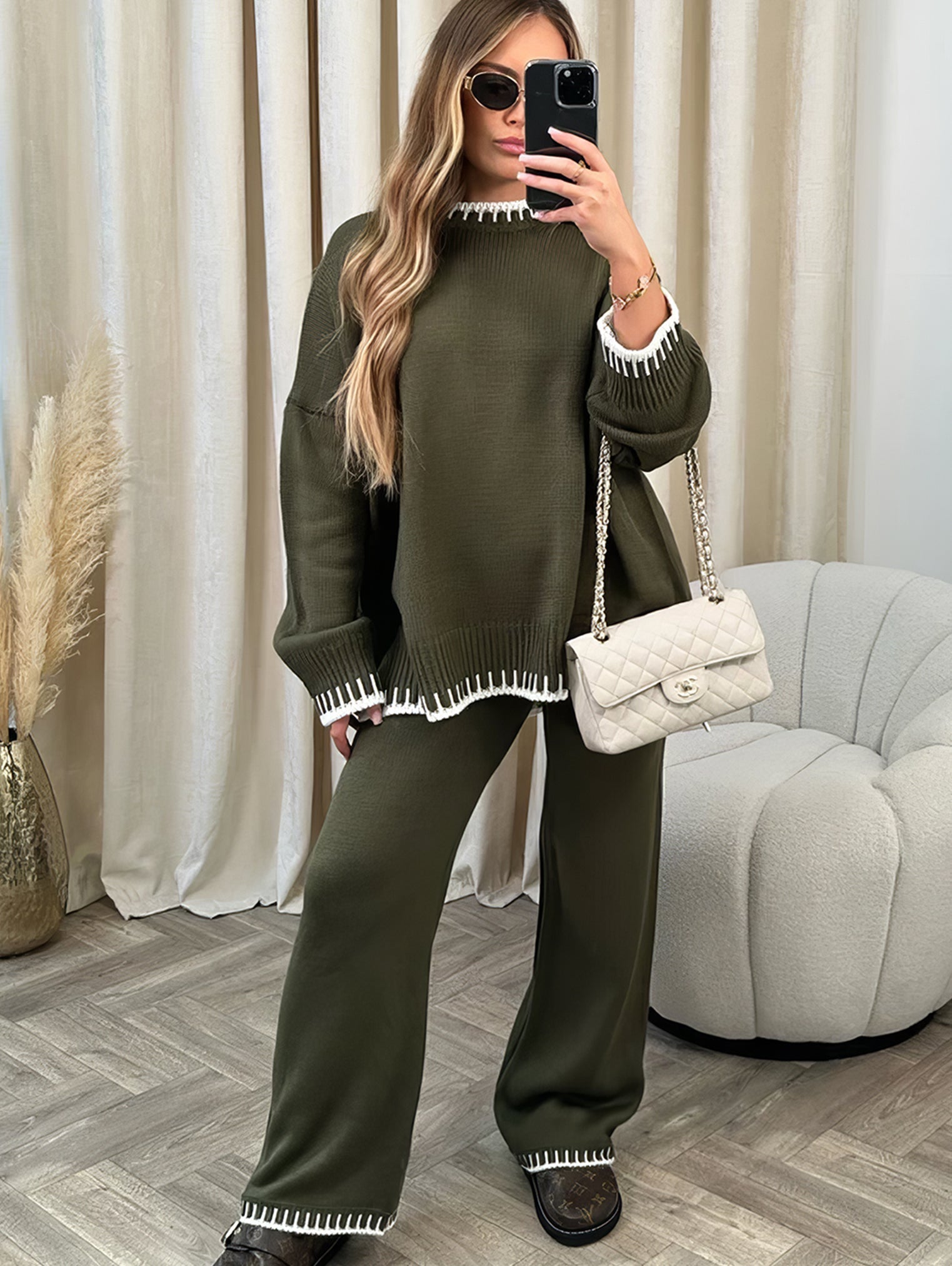 Women's Autumn Knit Lounge Set with Long Sleeve Top and Pants
