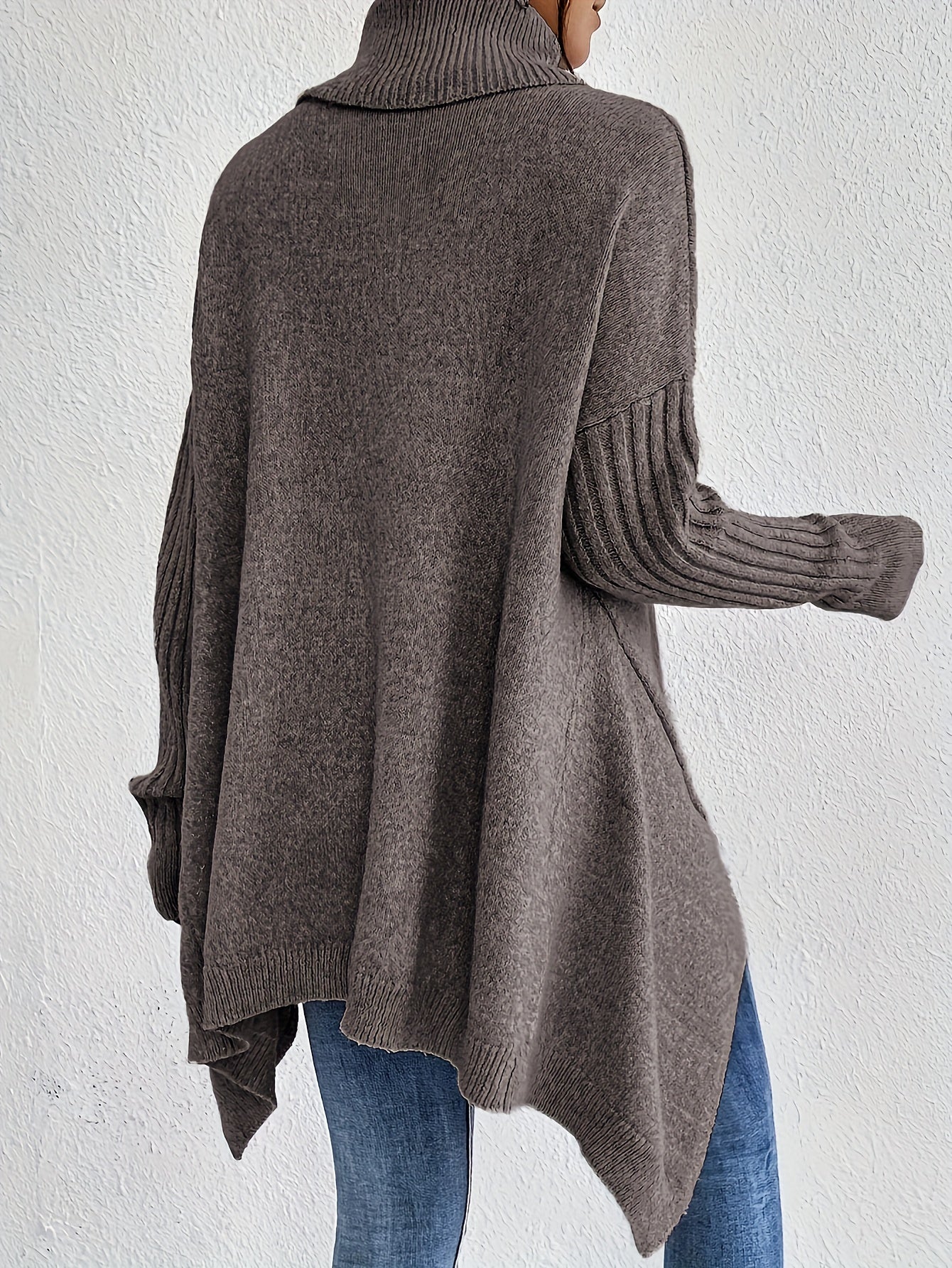 Women High Neck Sweater Asymmetrical Hem Long Sleeve