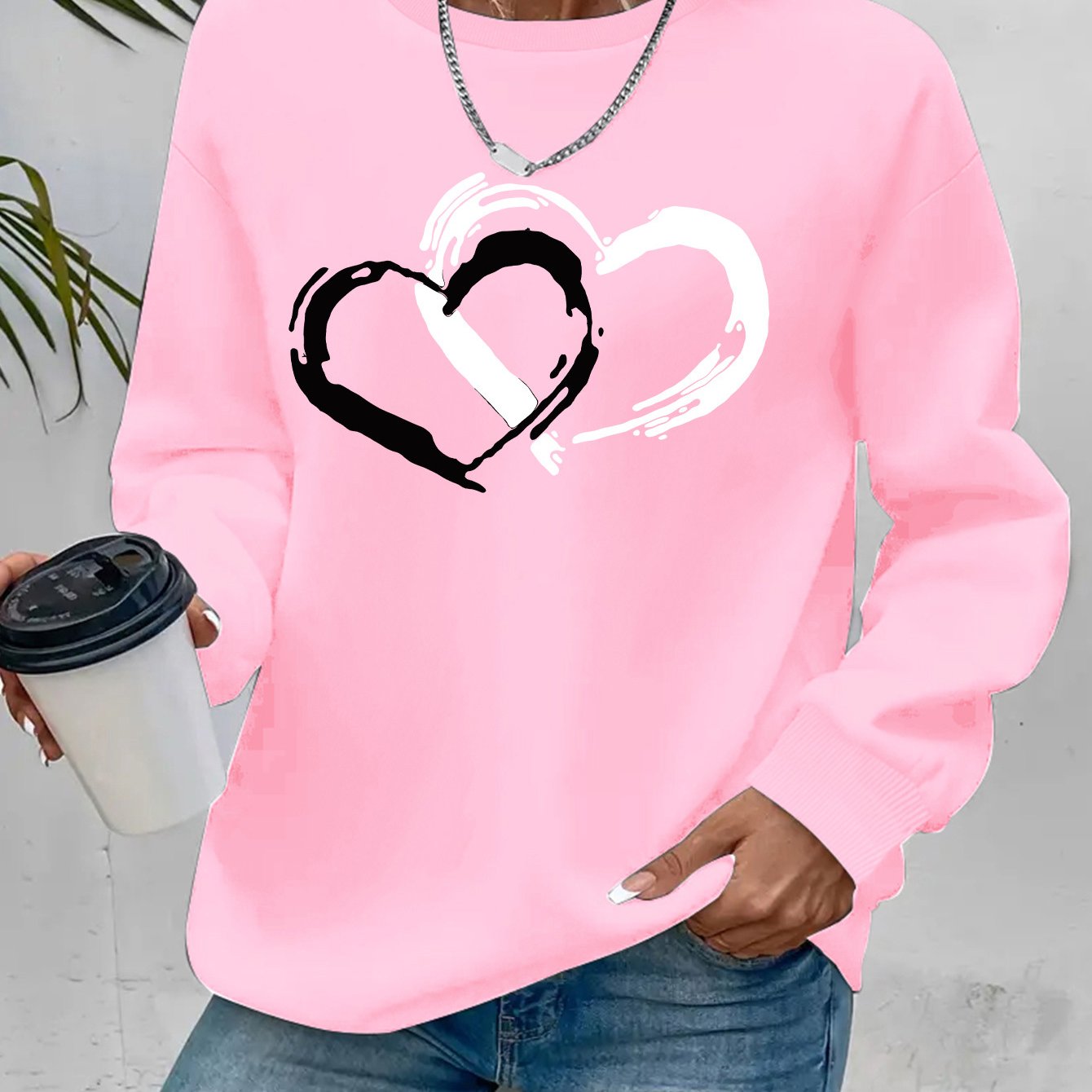 Women Sweater with Heart Motif and Relaxed Fit