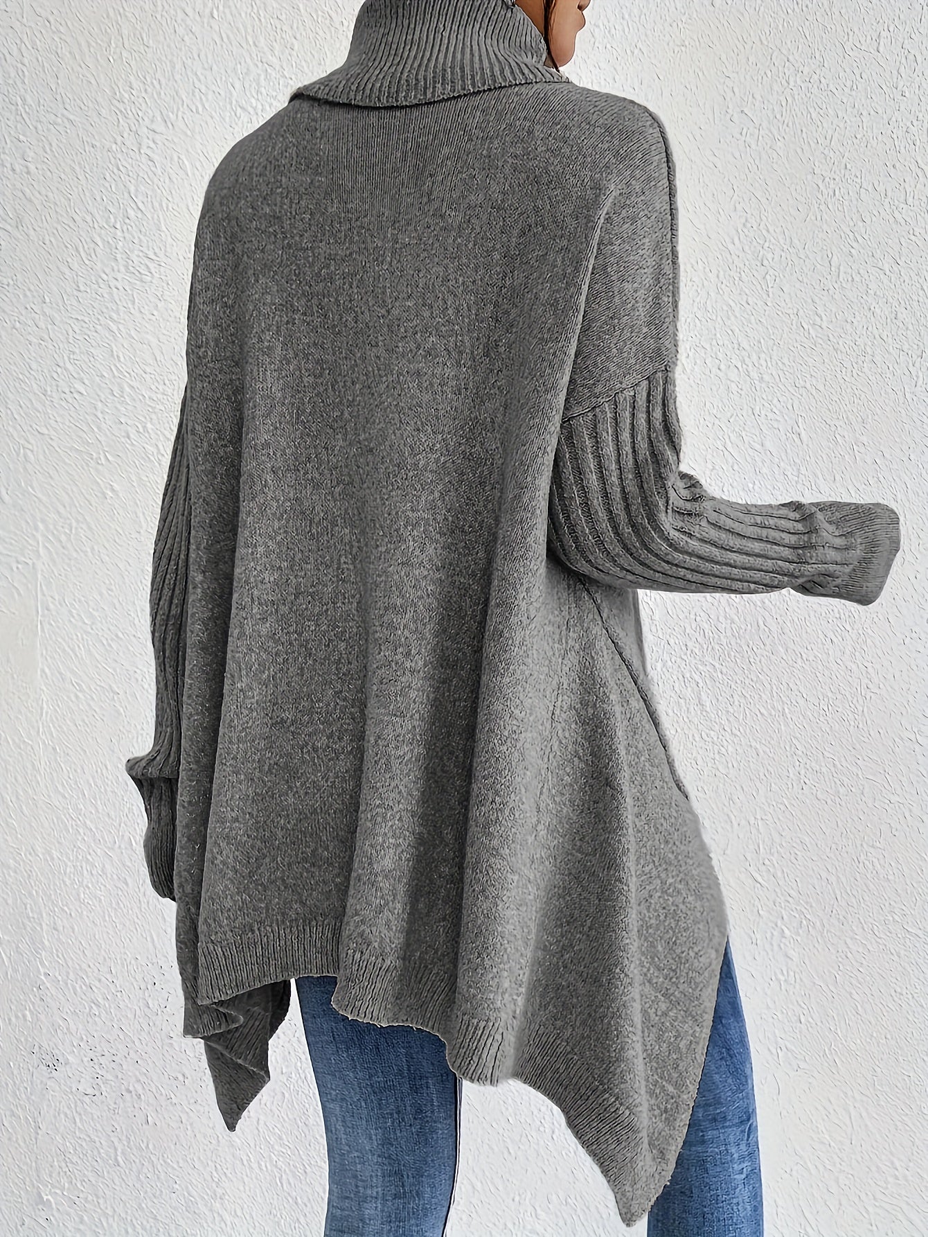 Women High Neck Sweater Asymmetrical Hem Long Sleeve