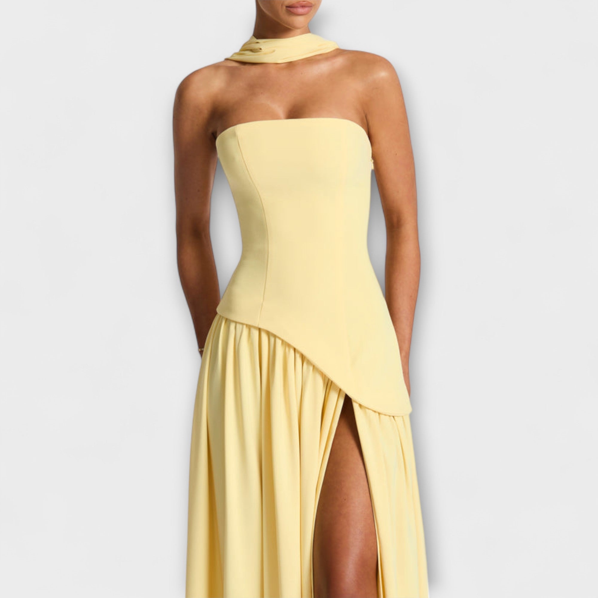 Women's Summer Strapless Maxi Dress with Black Top White Skirt Asymmetrical Waist & Front Slit