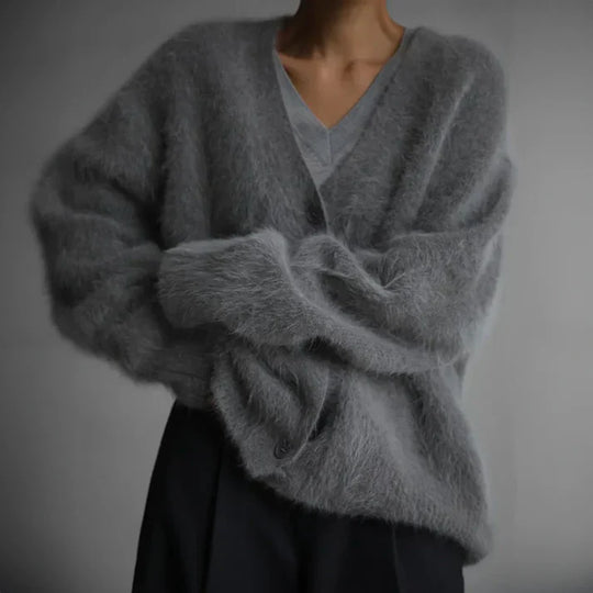 Women's Oversized V-Neck Button Cardigan with Long Sleeves
