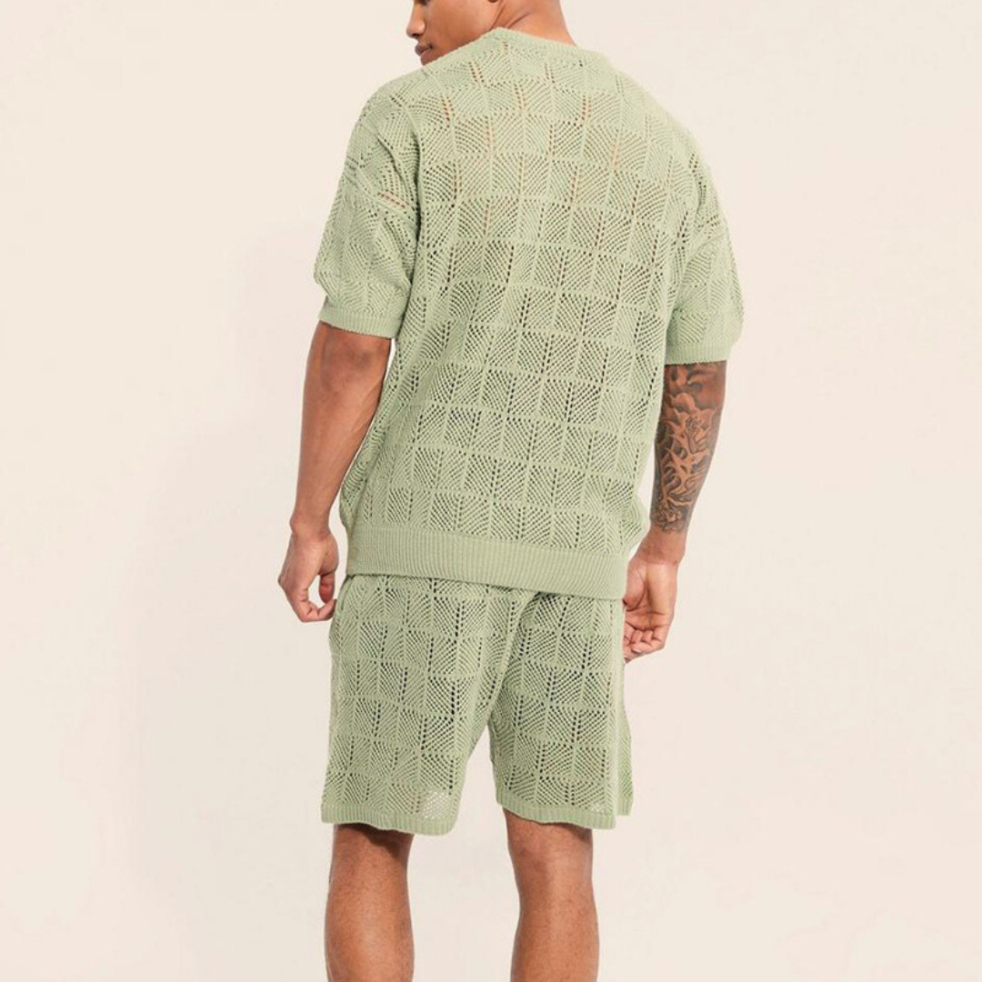 Men's Summer Short Sleeve Shirt and Shorts Set in Checkered Knit