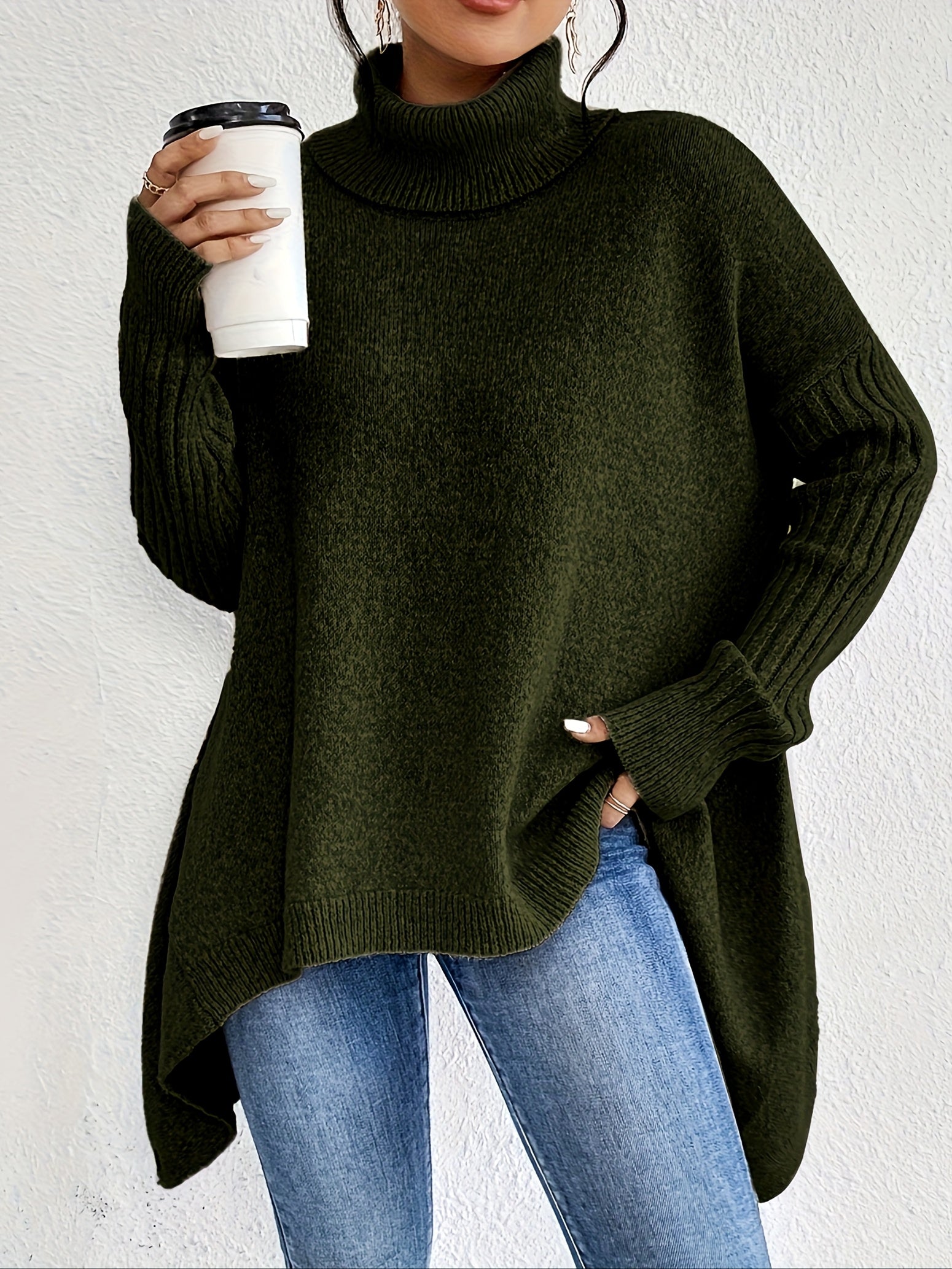 Women High Neck Sweater Asymmetrical Hem Long Sleeve