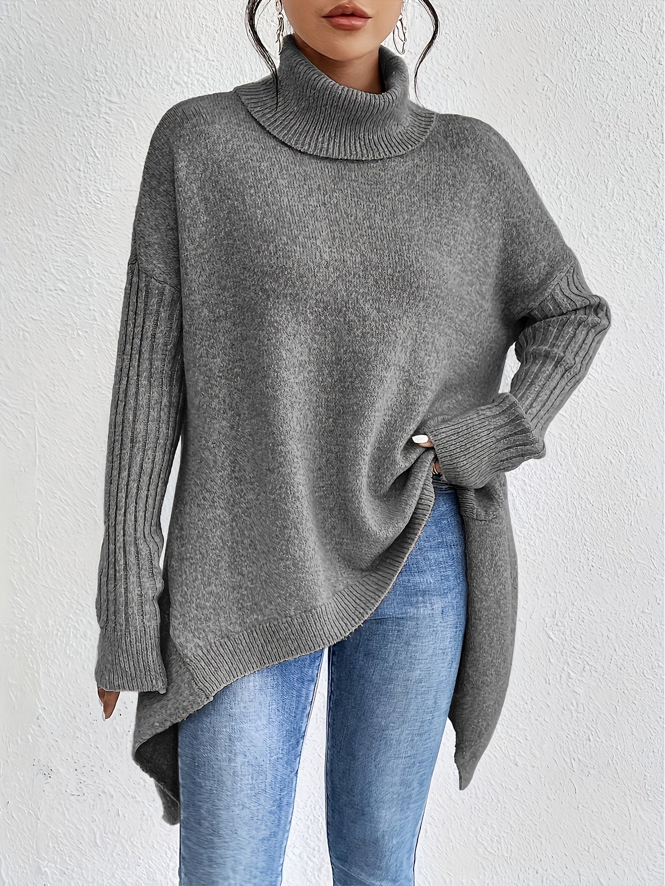Women High Neck Sweater Asymmetrical Hem Long Sleeve