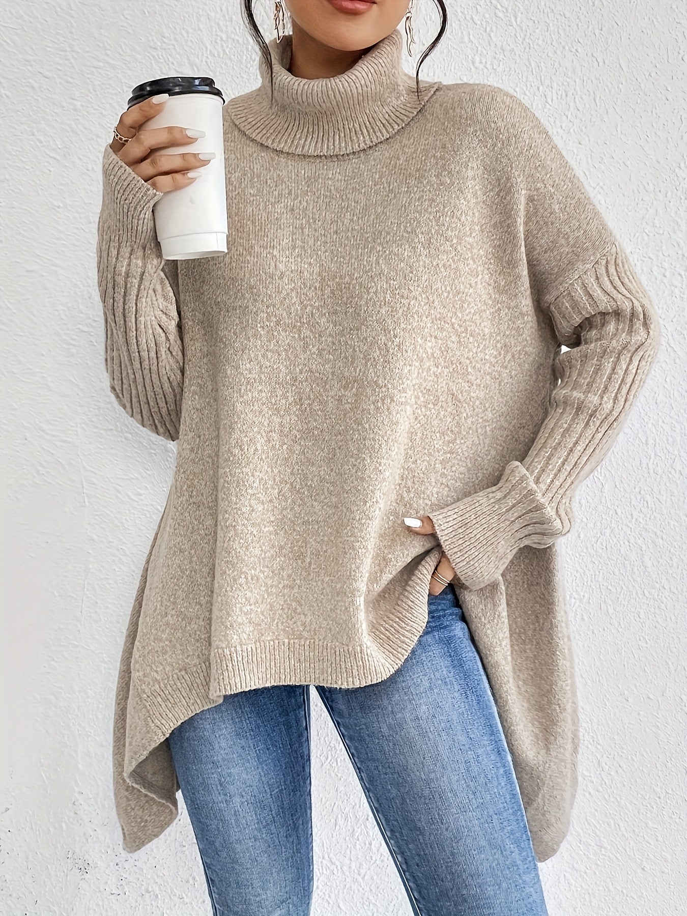 Women High Neck Sweater Asymmetrical Hem Long Sleeve