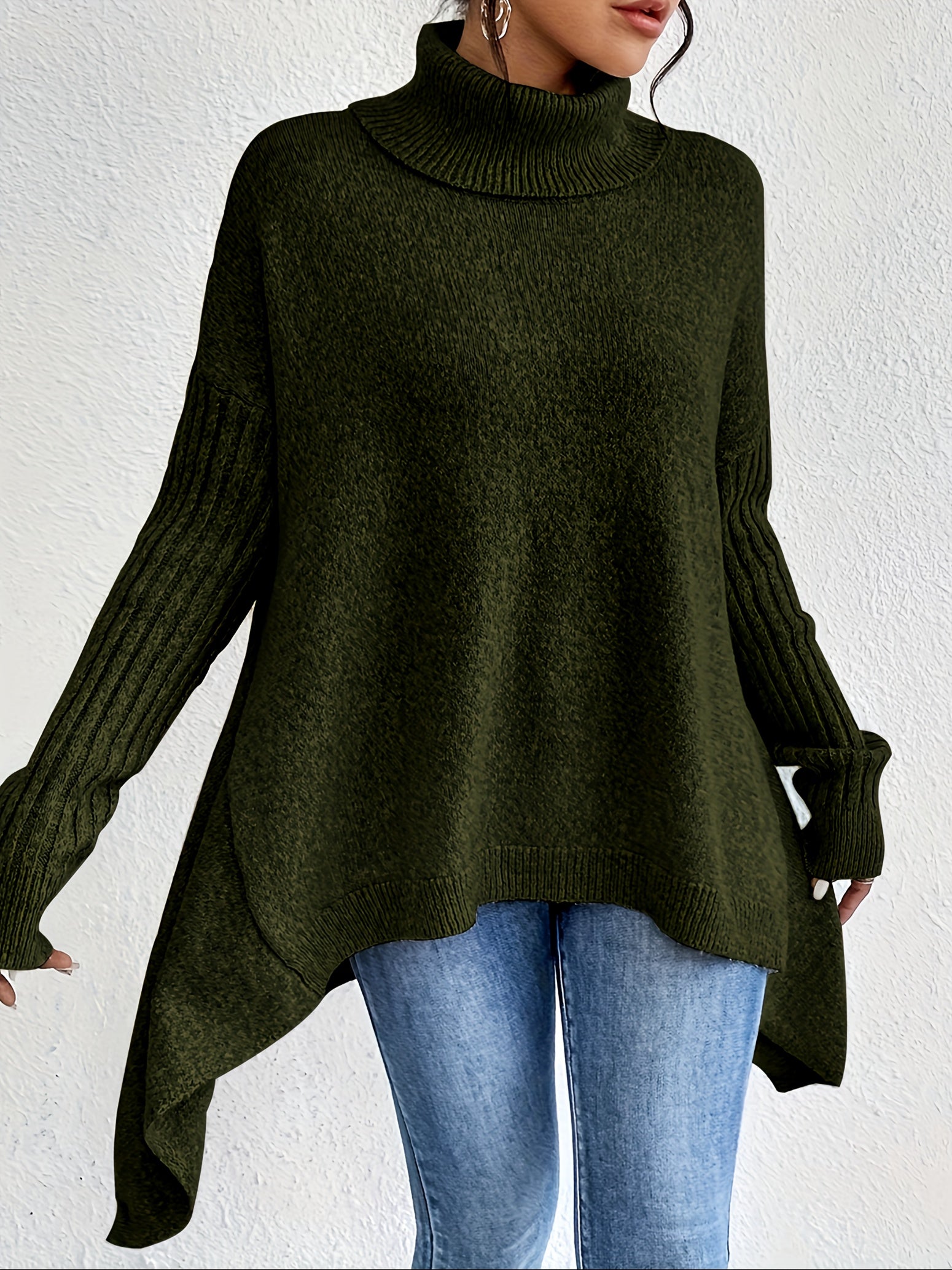 Women High Neck Sweater Asymmetrical Hem Long Sleeve