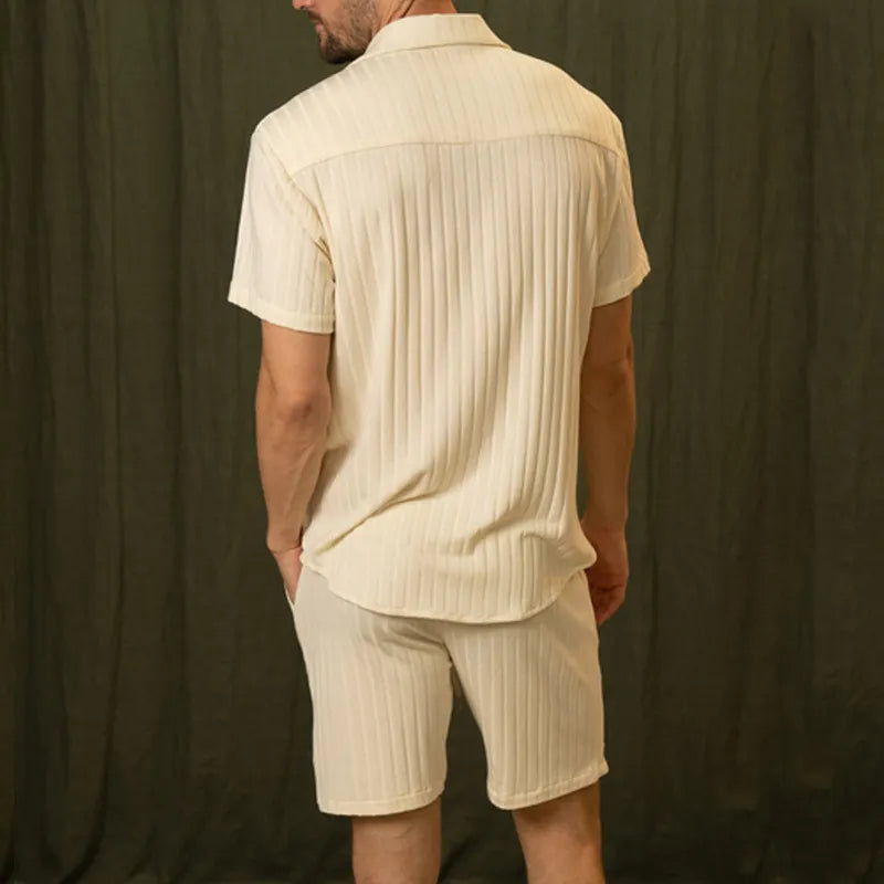 Men's Spring Two-Piece Set Short Sleeve Shirt and Shorts Light Yellow