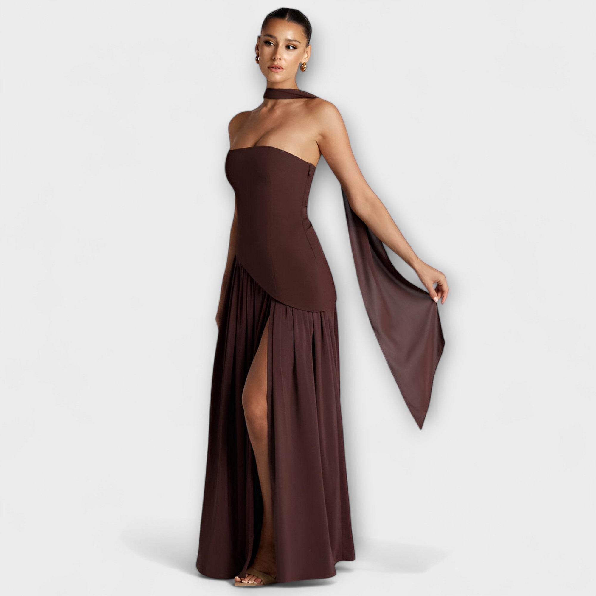 Women's Summer Strapless Maxi Dress with Black Top White Skirt Asymmetrical Waist & Front Slit