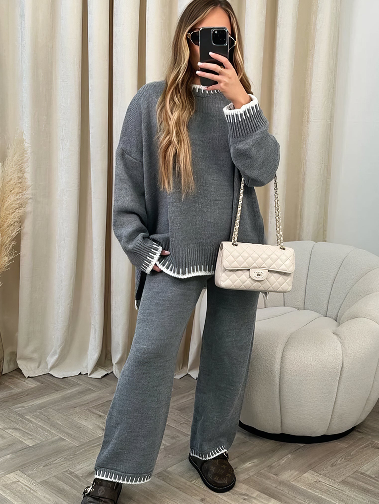 Women's Autumn Knit Lounge Set with Long Sleeve Top and Pants