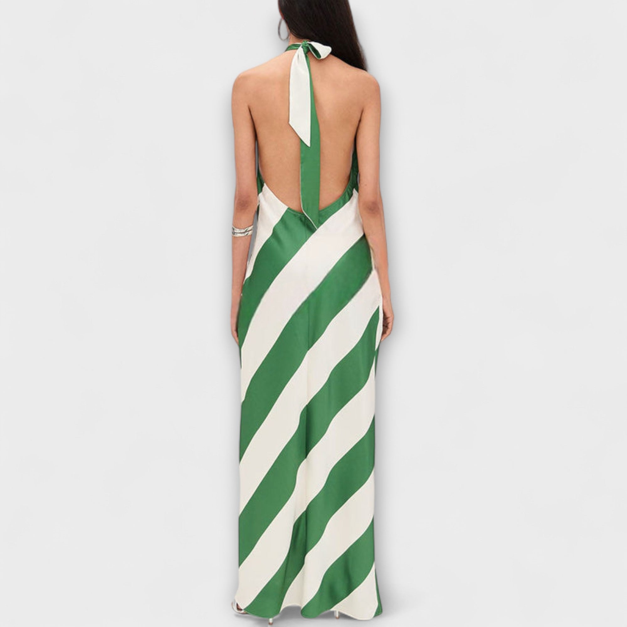 Women's Summer Halter Backless Maxi Dress with Striped Pattern and Ankle-Length