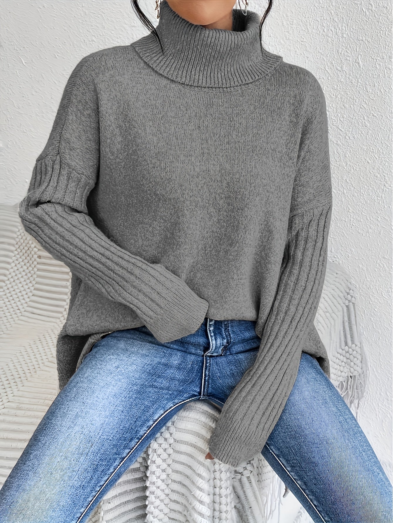 Women High Neck Sweater Asymmetrical Hem Long Sleeve
