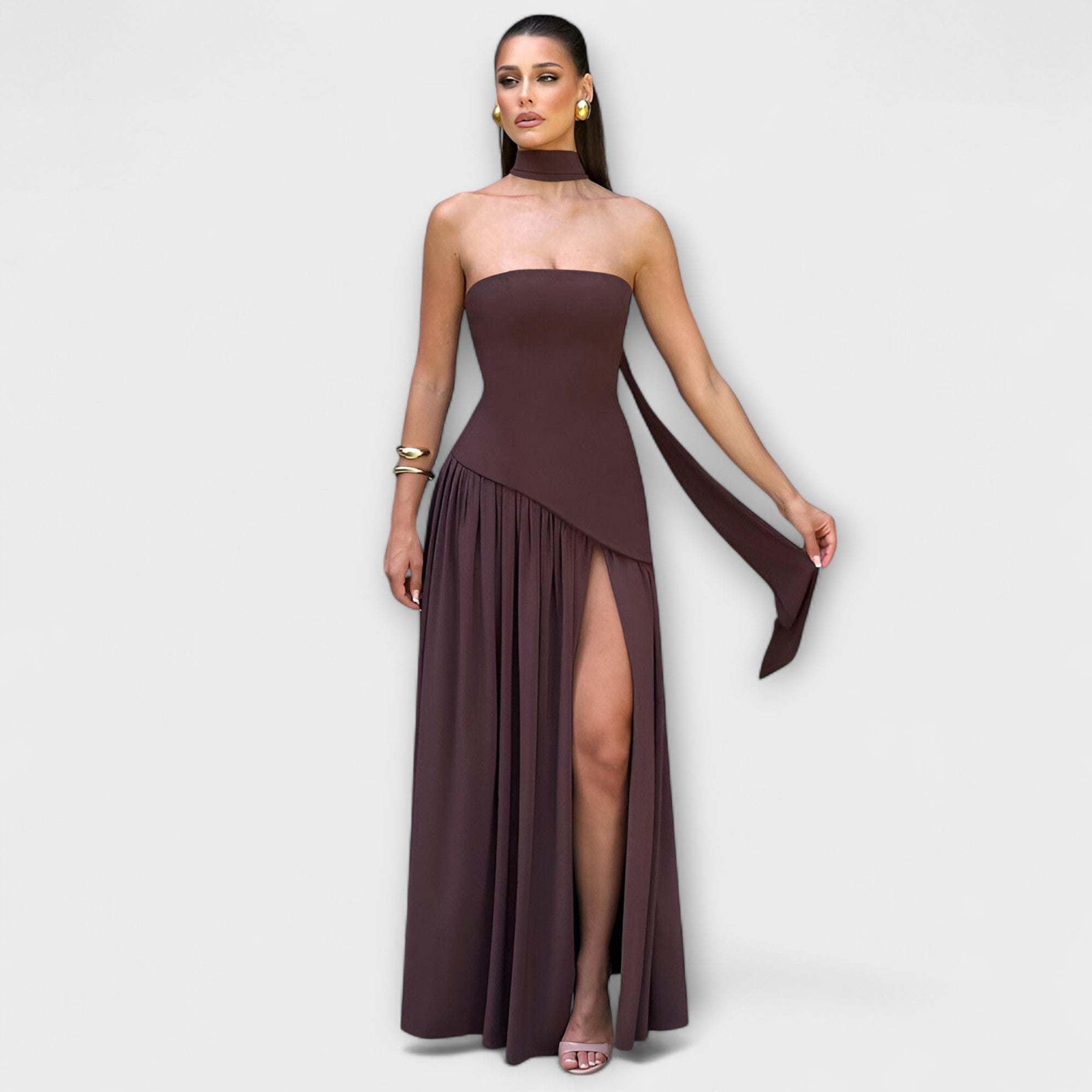 Women's Summer Strapless Maxi Dress with Black Top White Skirt Asymmetrical Waist & Front Slit