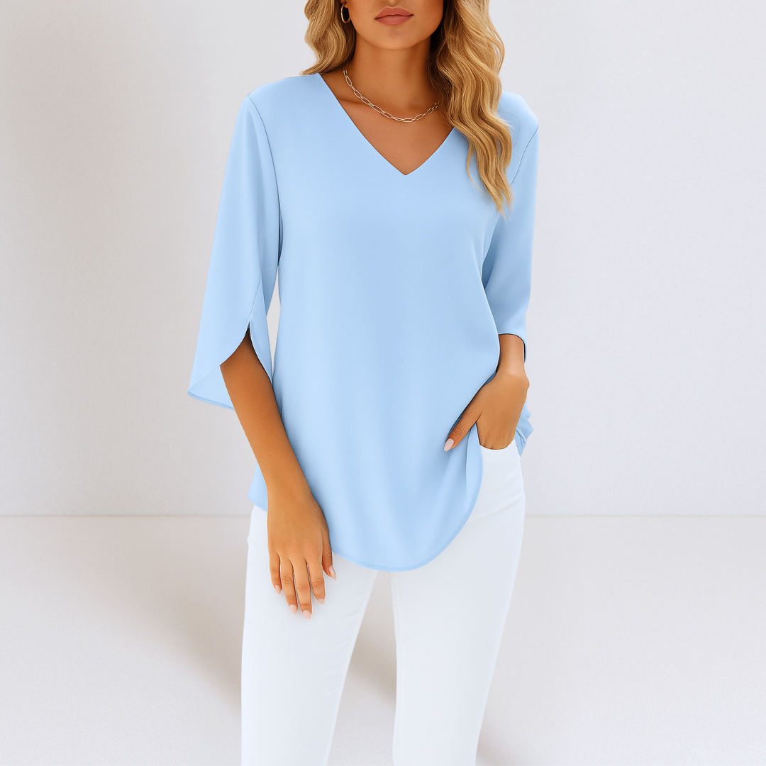 Women's V-Neck Blouse with Slit Sleeves and Flowing Cut