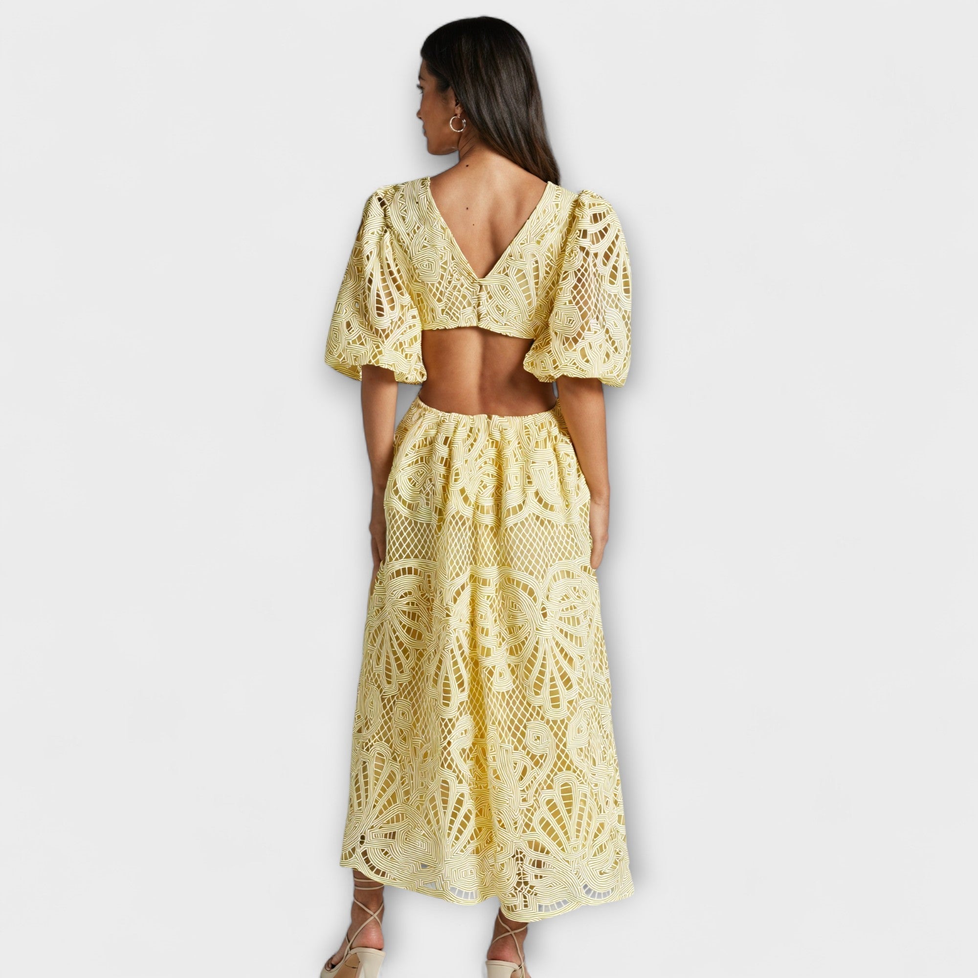 Women's Summer Dress with V-Neck, Puff Sleeves, and Waist Cut-Outs