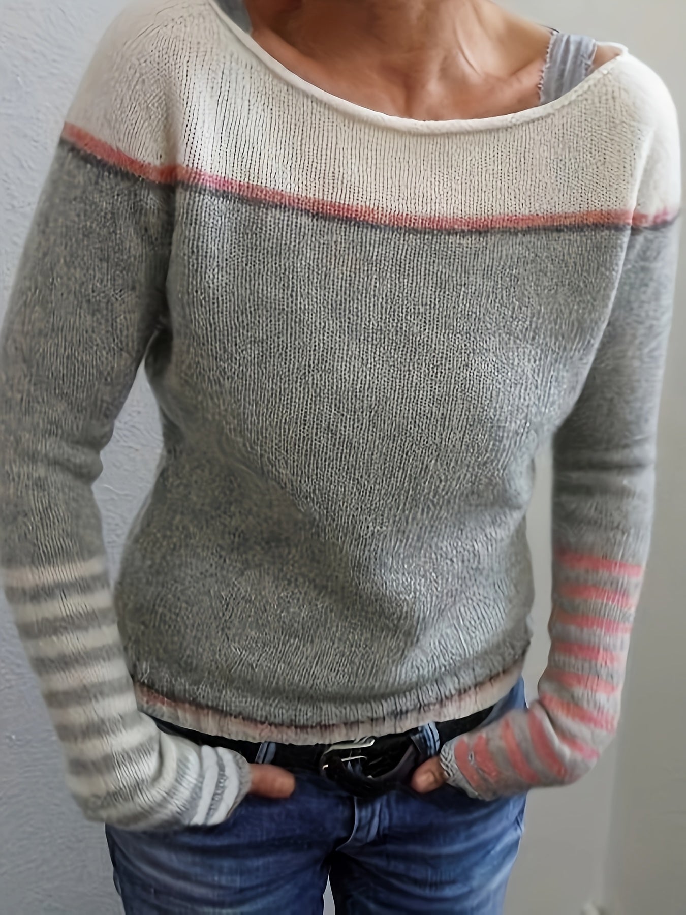 Women Striped Long-Sleeve Relaxed-Fit Sweater