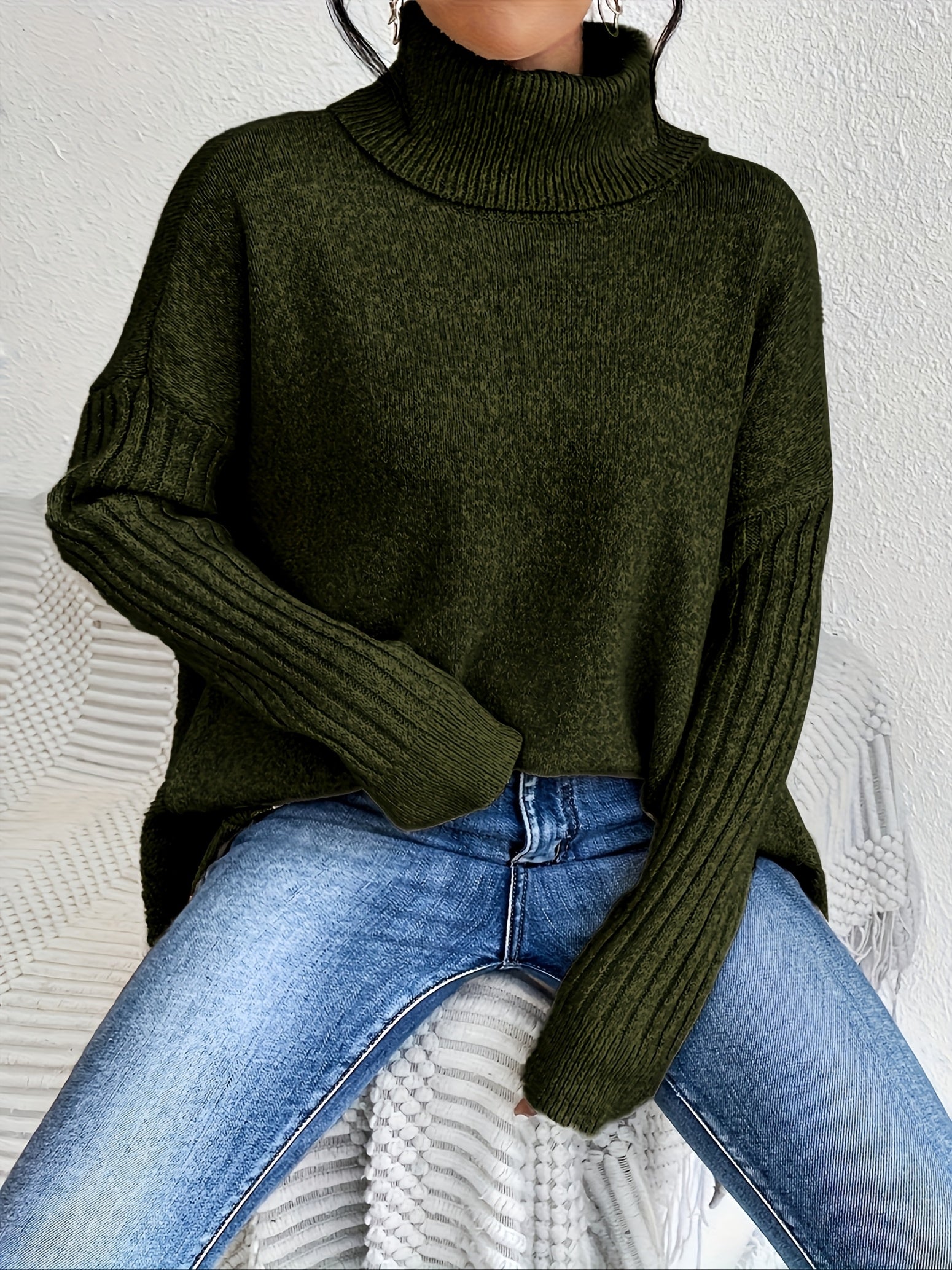 Women High Neck Sweater Asymmetrical Hem Long Sleeve