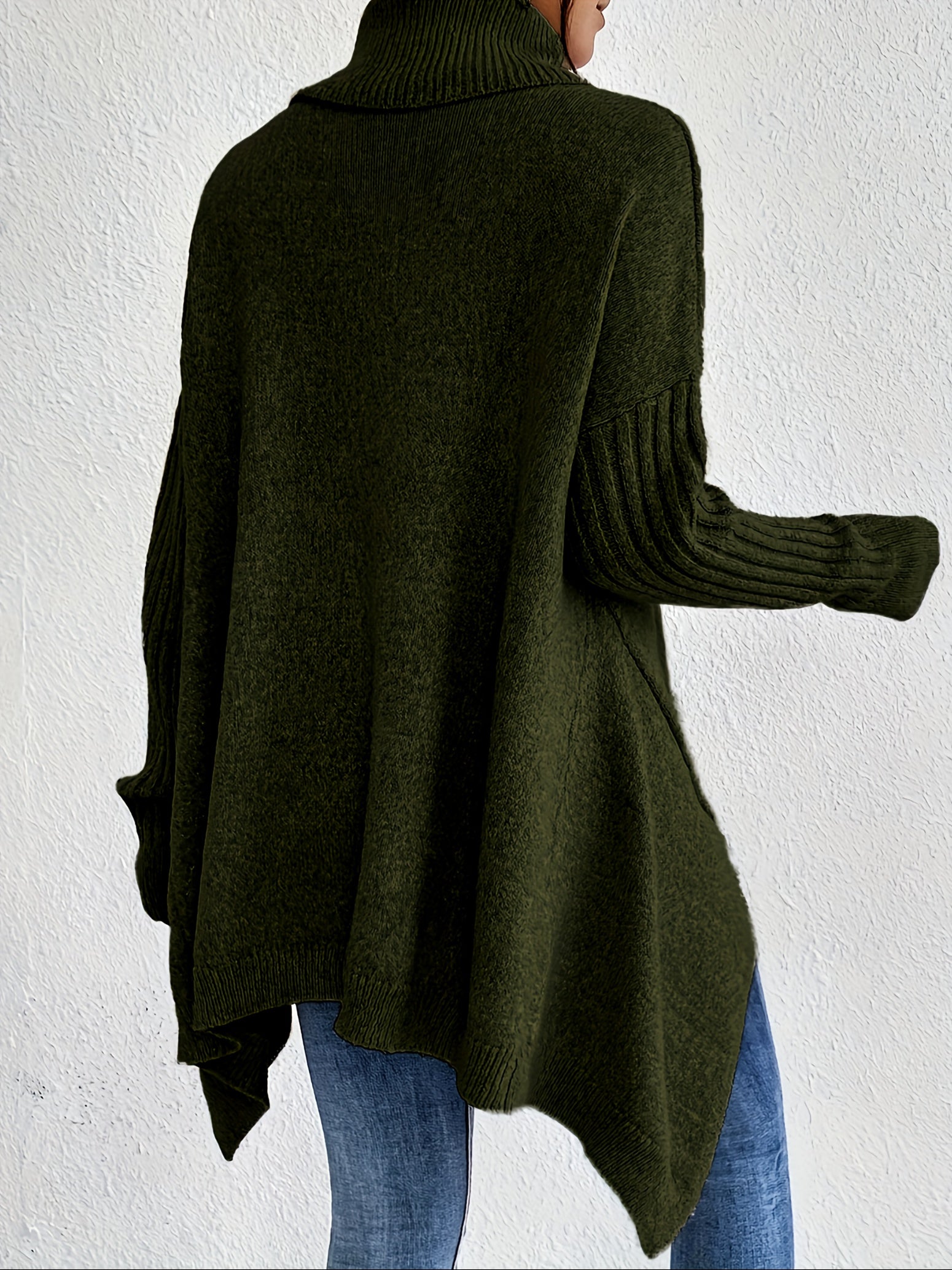 Women High Neck Sweater Asymmetrical Hem Long Sleeve