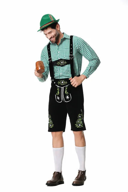 Festive Men's Oktoberfest Set with Stylish Green Vest, Matching Pants, Traditional Hat, and Suspenders for the Perfect Appearance