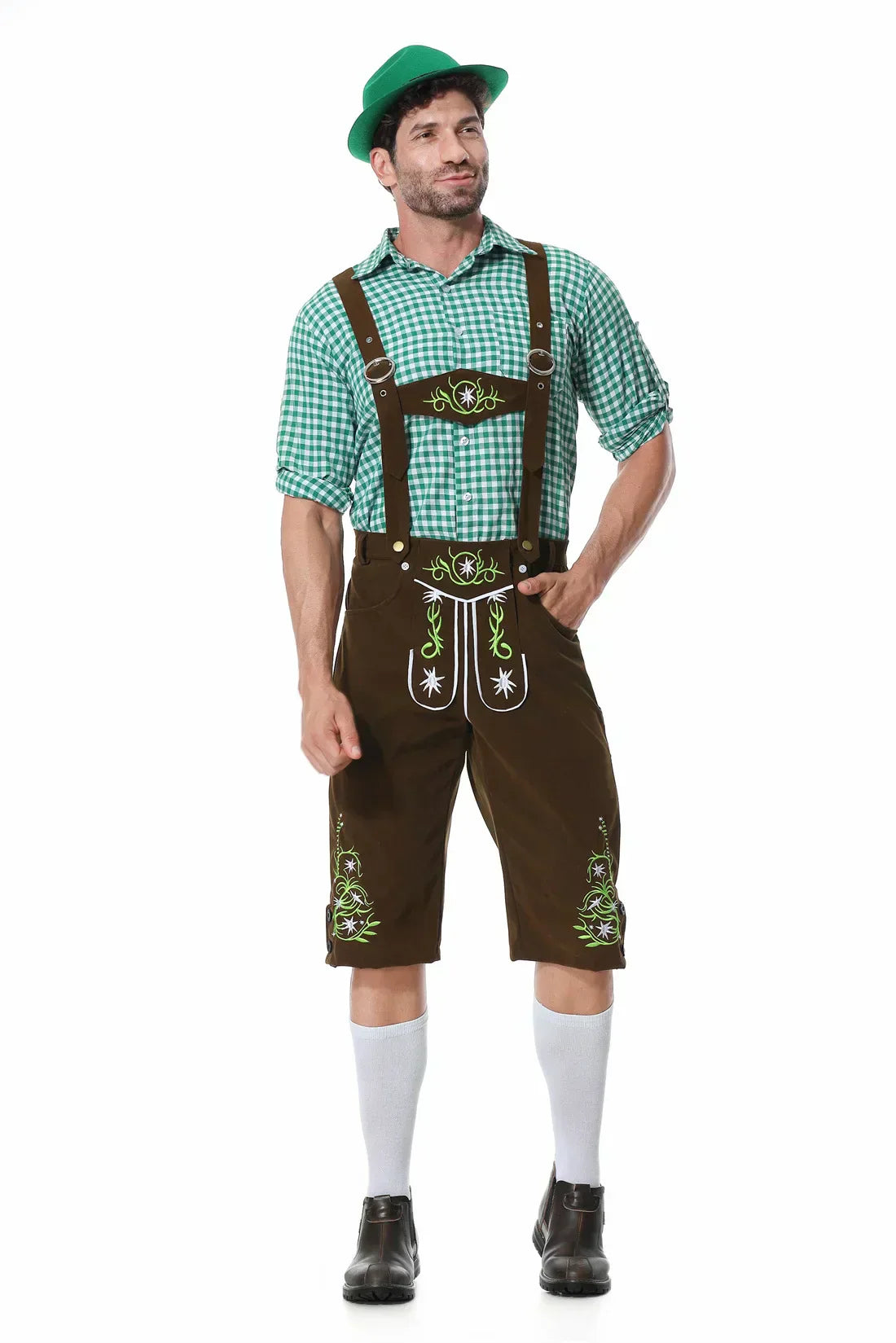 Festive Men's Oktoberfest Set with Stylish Green Vest, Matching Pants, Traditional Hat, and Suspenders for the Perfect Appearance
