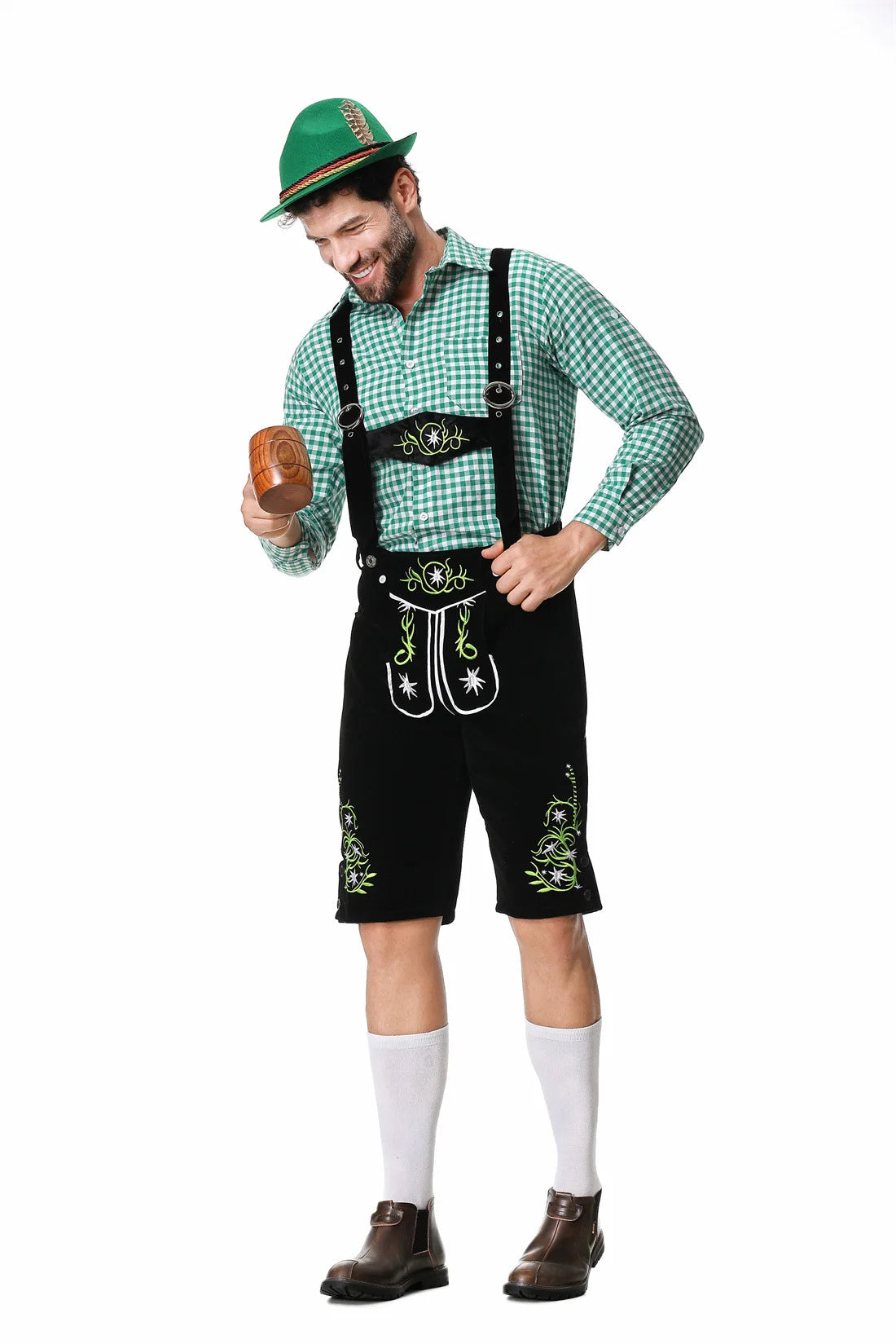 Festive Men's Oktoberfest Set with Stylish Green Vest, Matching Pants, Traditional Hat, and Suspenders for the Perfect Appearance