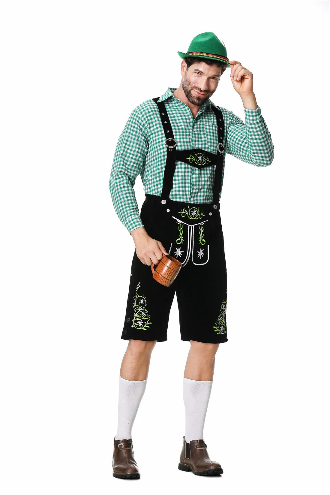 Festive Men's Oktoberfest Set with Stylish Green Vest, Matching Pants, Traditional Hat, and Suspenders for the Perfect Appearance
