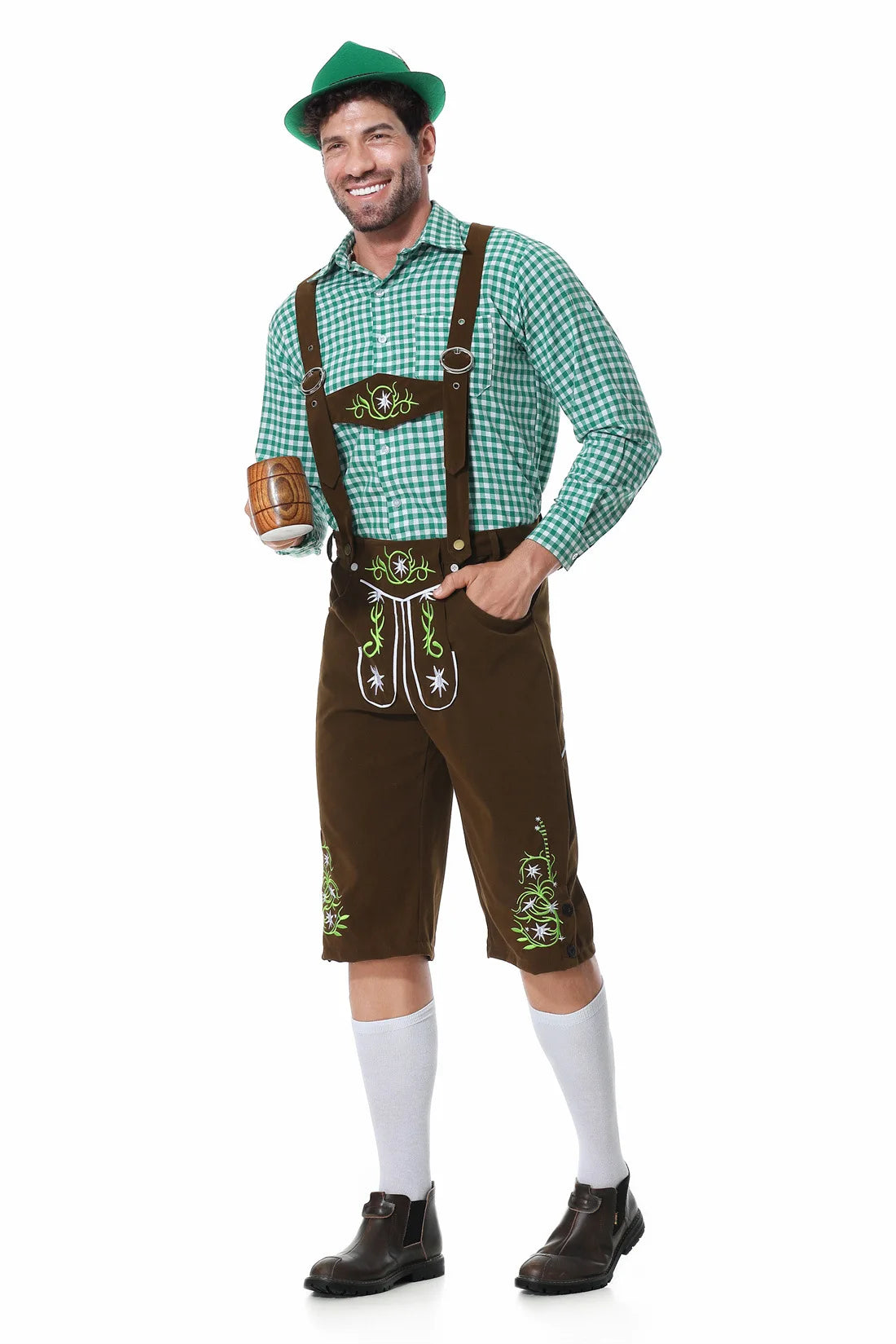 Festive Men's Oktoberfest Set with Stylish Green Vest, Matching Pants, Traditional Hat, and Suspenders for the Perfect Appearance