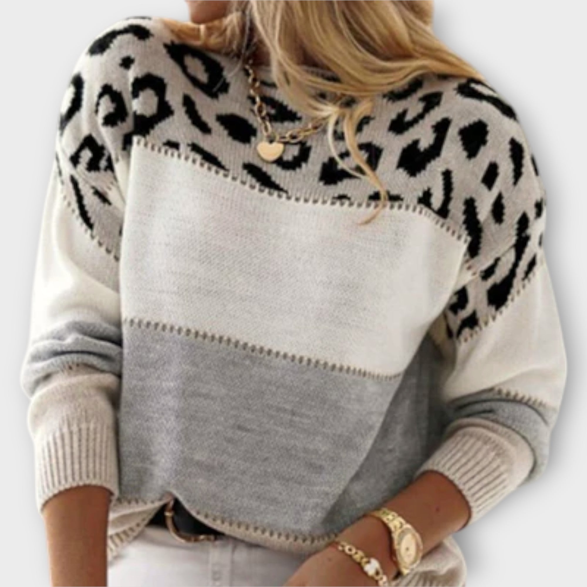 Women Winter Sweater with Panther Print and Relaxed Fit