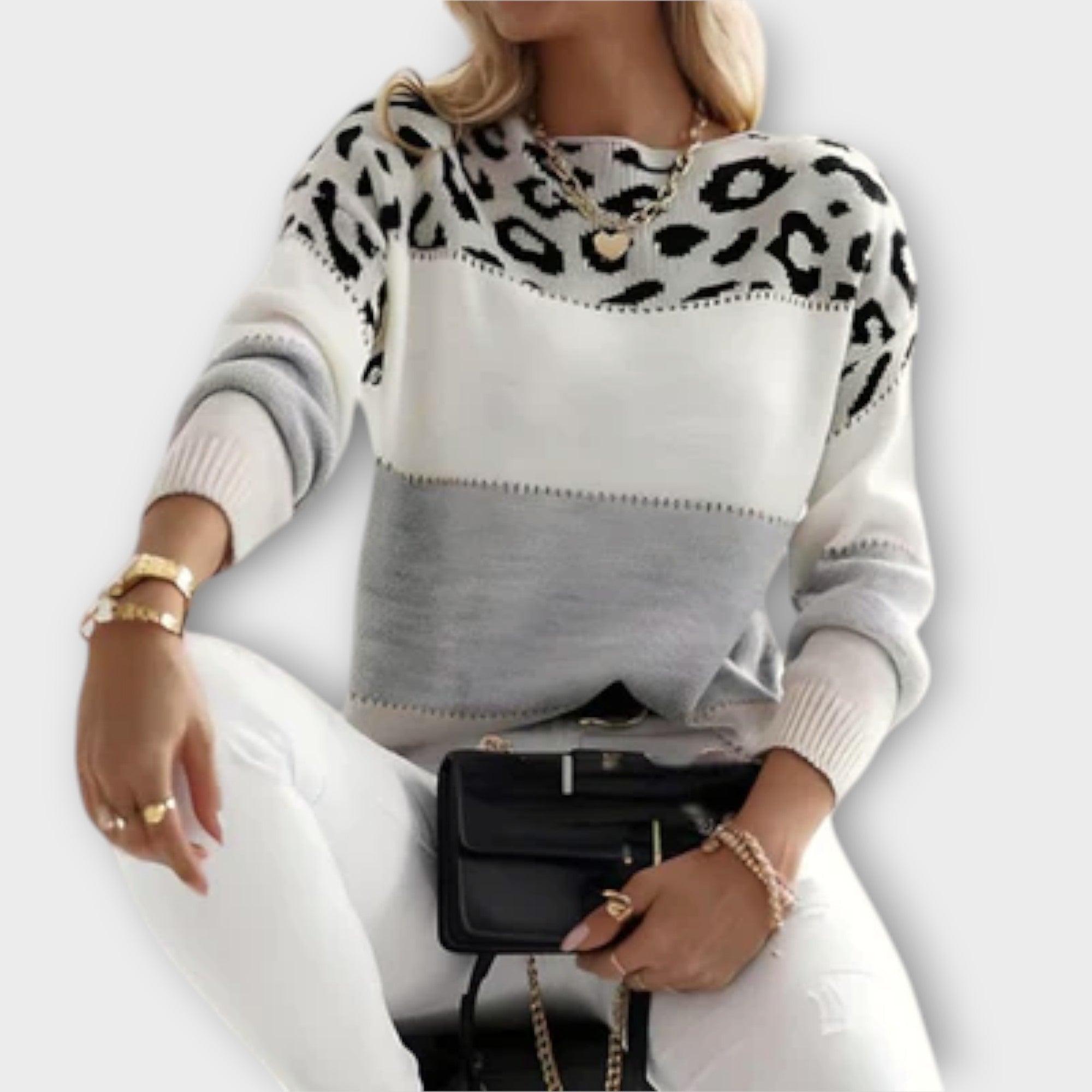 Women Winter Sweater with Panther Print and Relaxed Fit