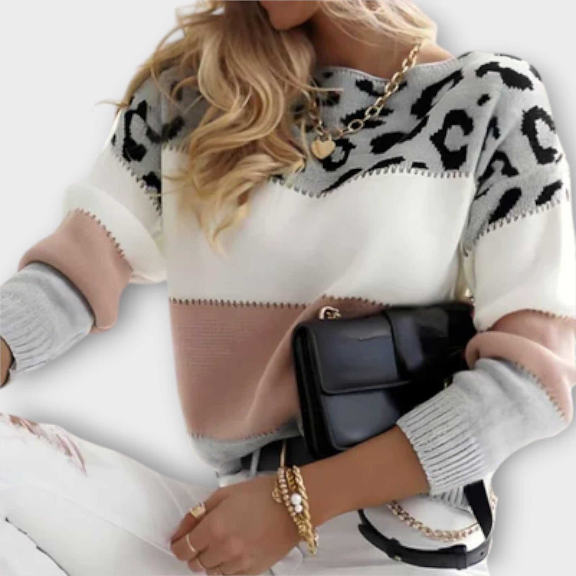 Women Winter Sweater with Panther Print and Relaxed Fit