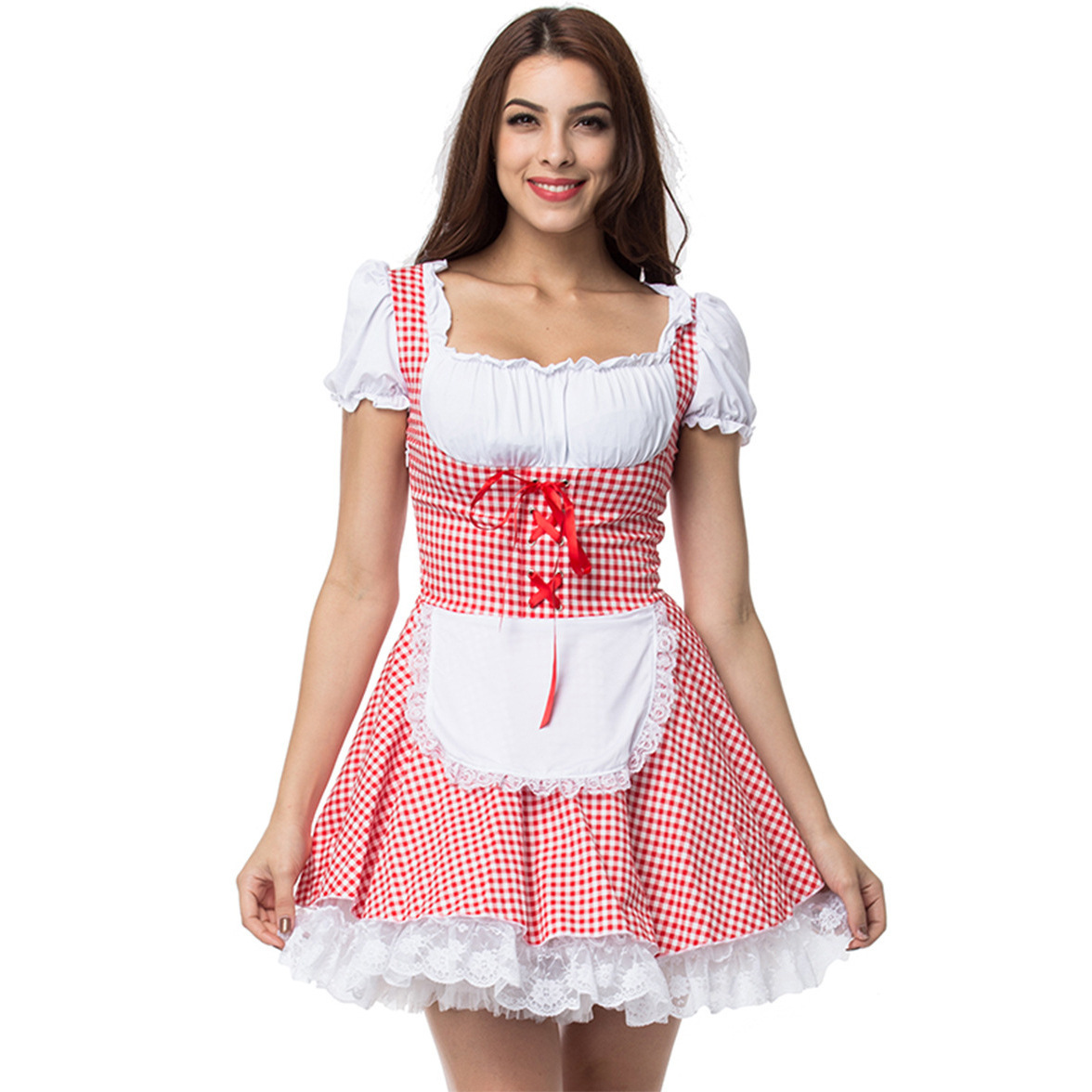 Elegant women's autumn off-shoulder dirndl with fashionable checkered pattern