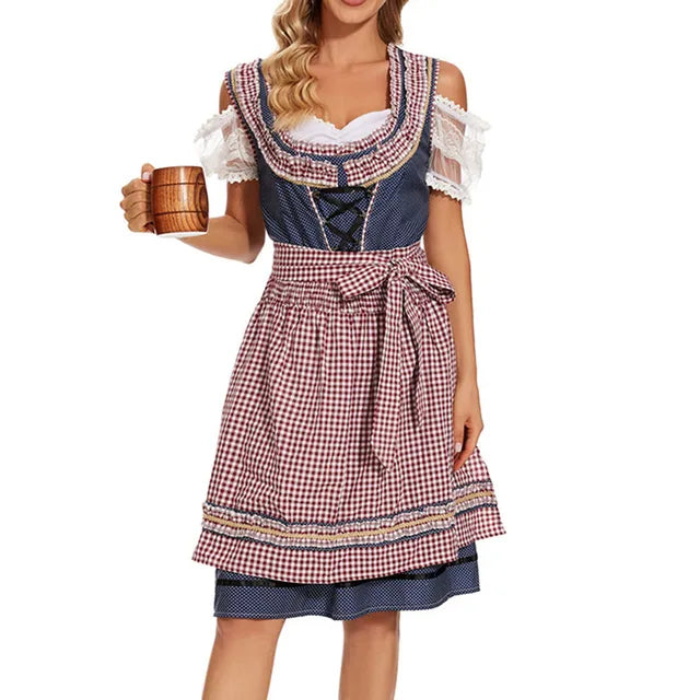 Chic Women's Dirndl with Stylish Checkered Pattern and Elegant Apron for the Perfect Traditional Costume Look