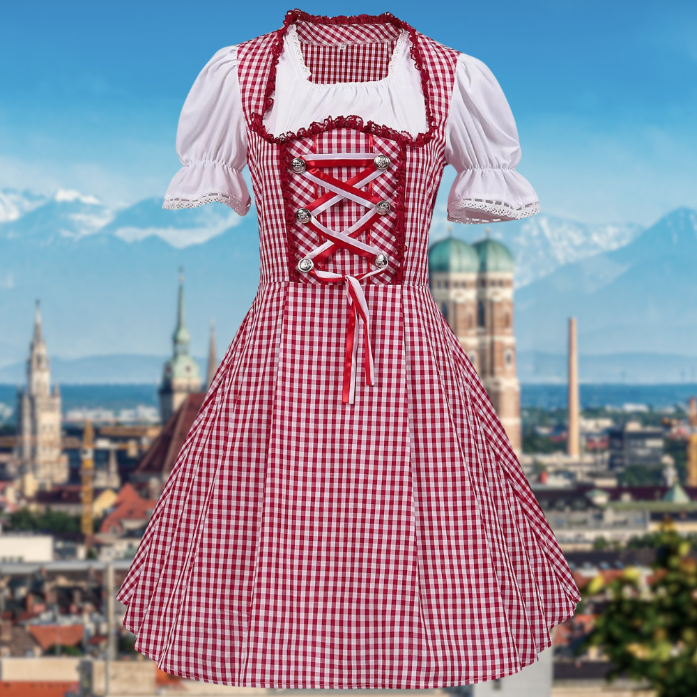 Elegant women's dirndl dress with stylish checkered pattern and attractive ruffle trim for unforgettable festive occasions