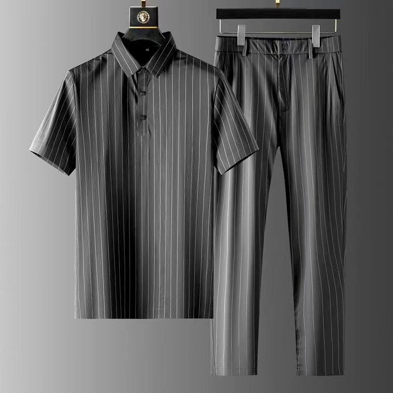 Men Pinstripe Polo Shirt and Trousers Matching Set