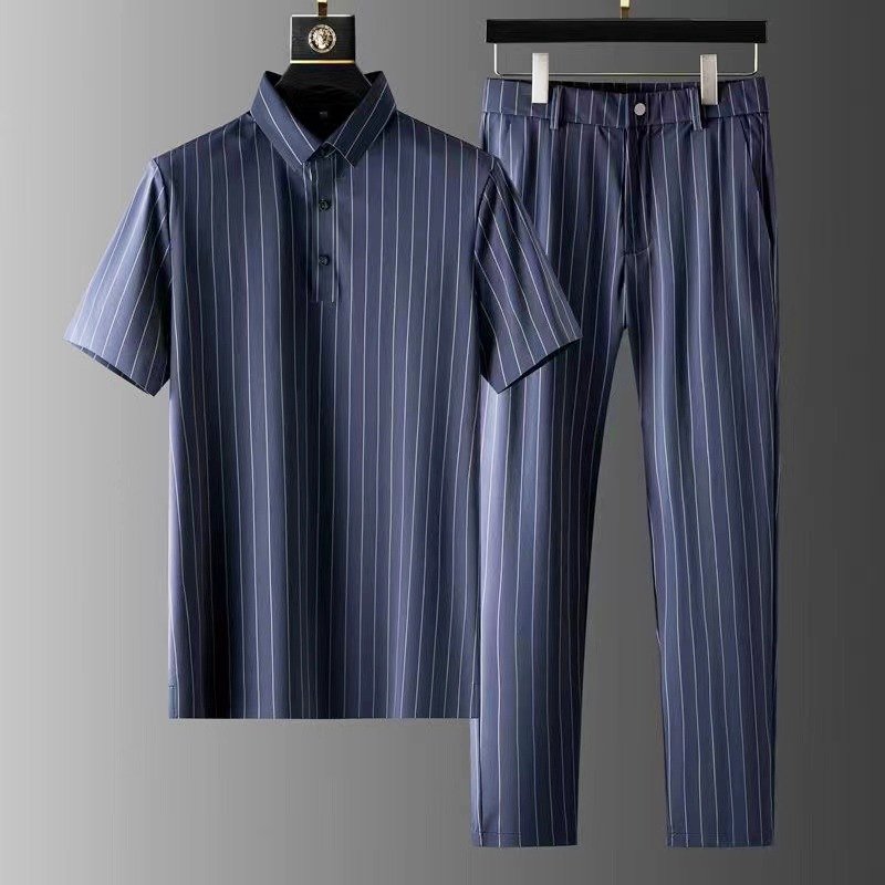 Men Pinstripe Polo Shirt and Trousers Matching Set