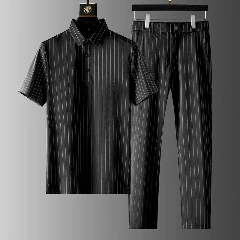 Men Pinstripe Polo Shirt and Trousers Matching Set