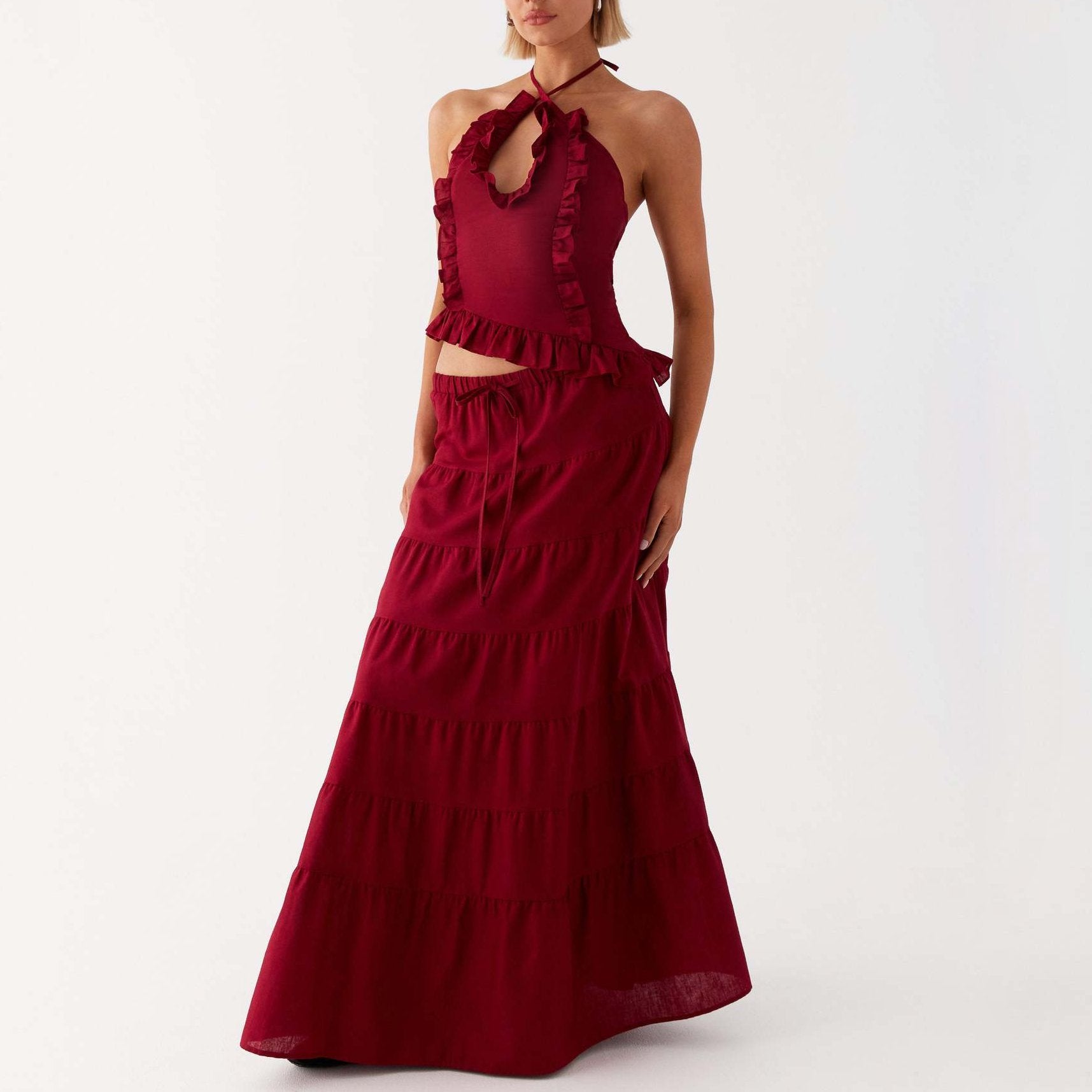 Women Summer Halter Top and Tiered Maxi Skirt Set with Keyhole Detail