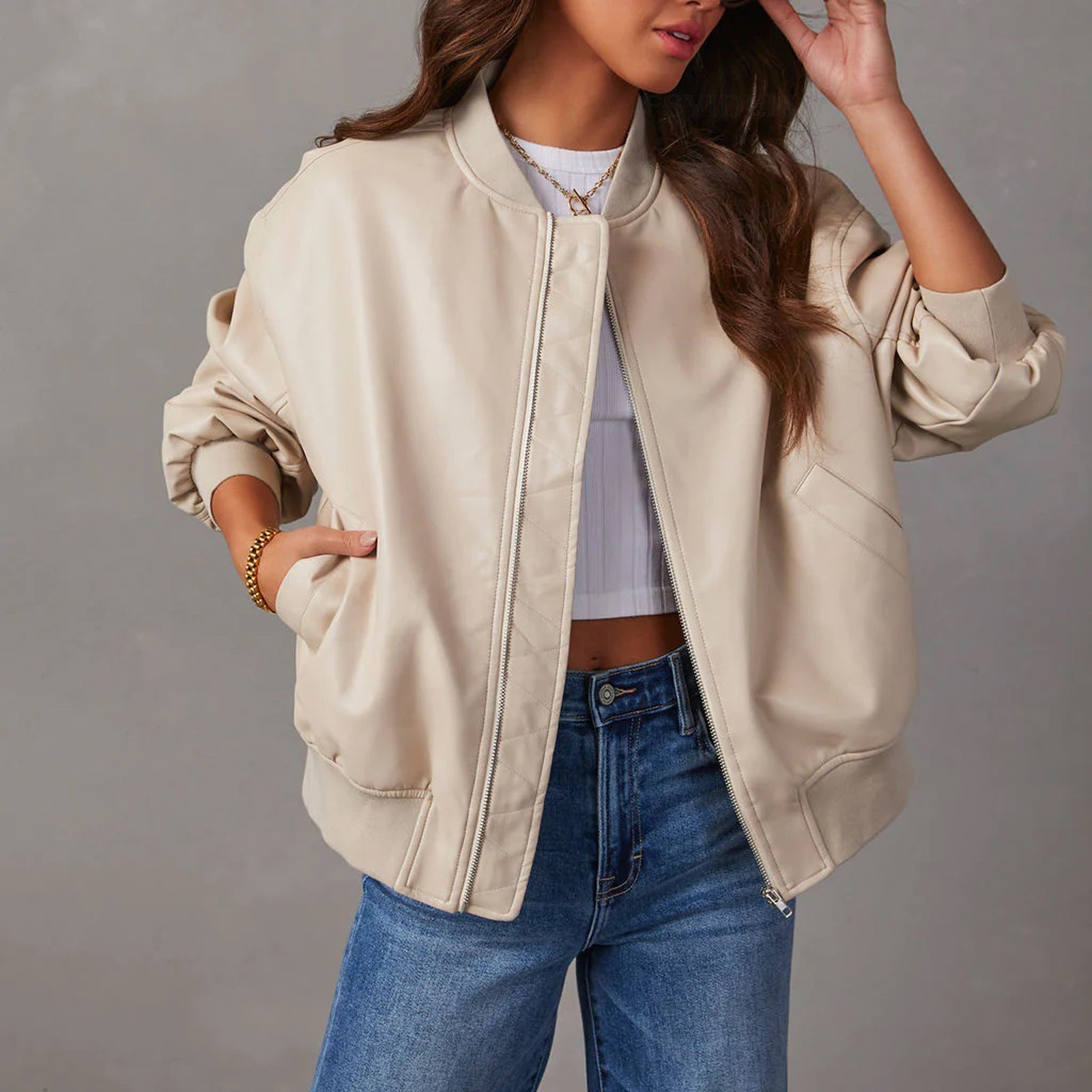 Women's Winter Leather Jacket with Quilted Interior and Full-Zip Front