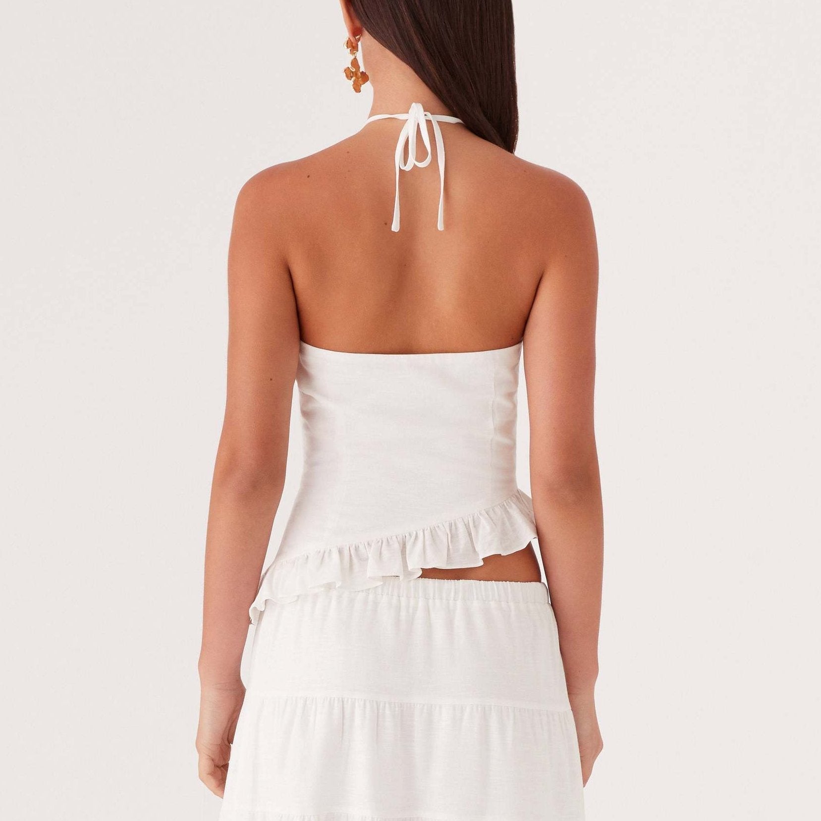 Women Summer Halter Top and Tiered Maxi Skirt Set with Keyhole Detail