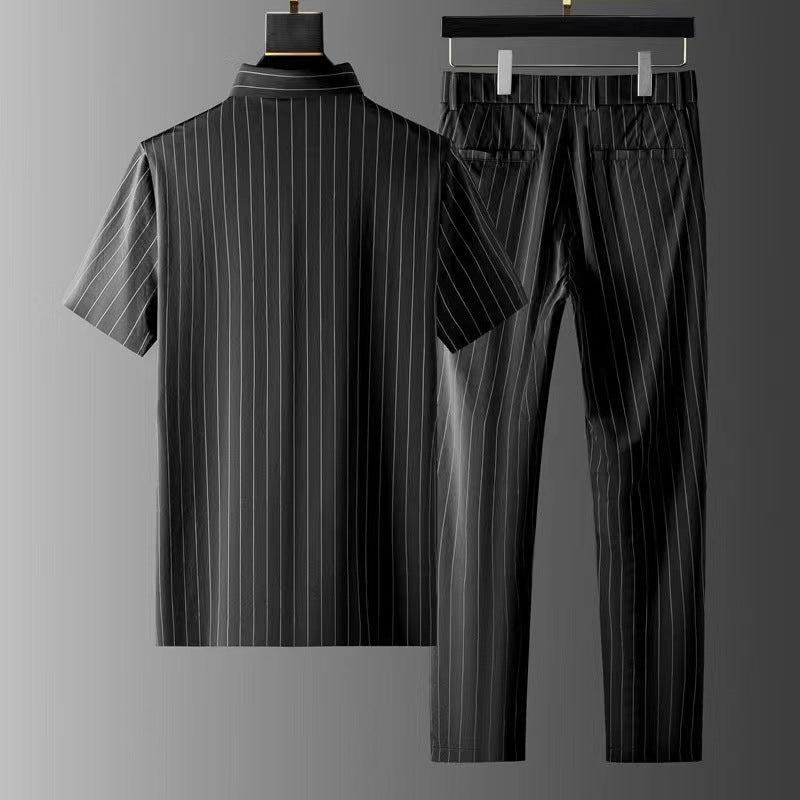 Men Pinstripe Polo Shirt and Trousers Matching Set