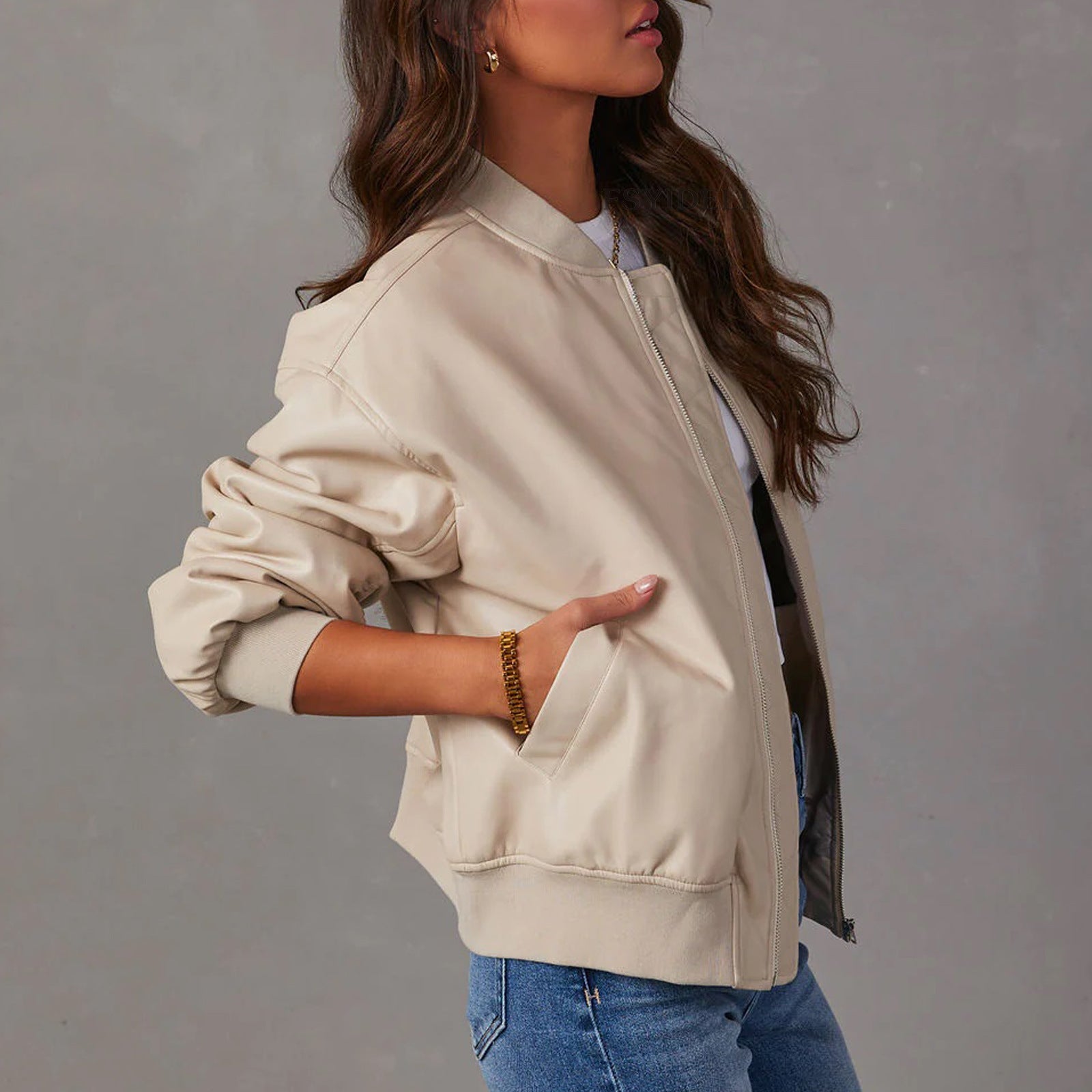 Women's Winter Leather Jacket with Quilted Interior and Full-Zip Front