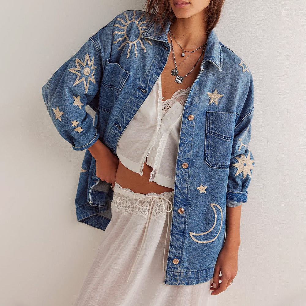 Women's Spring Denim Jacket with Embroidered Sun Moon and Stars